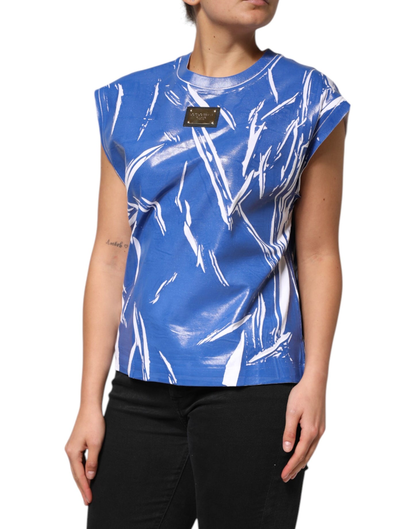 Dolce & Gabbana Damen-Tanktop mit Logo-Plakette aus blau-weißer Baumwolle