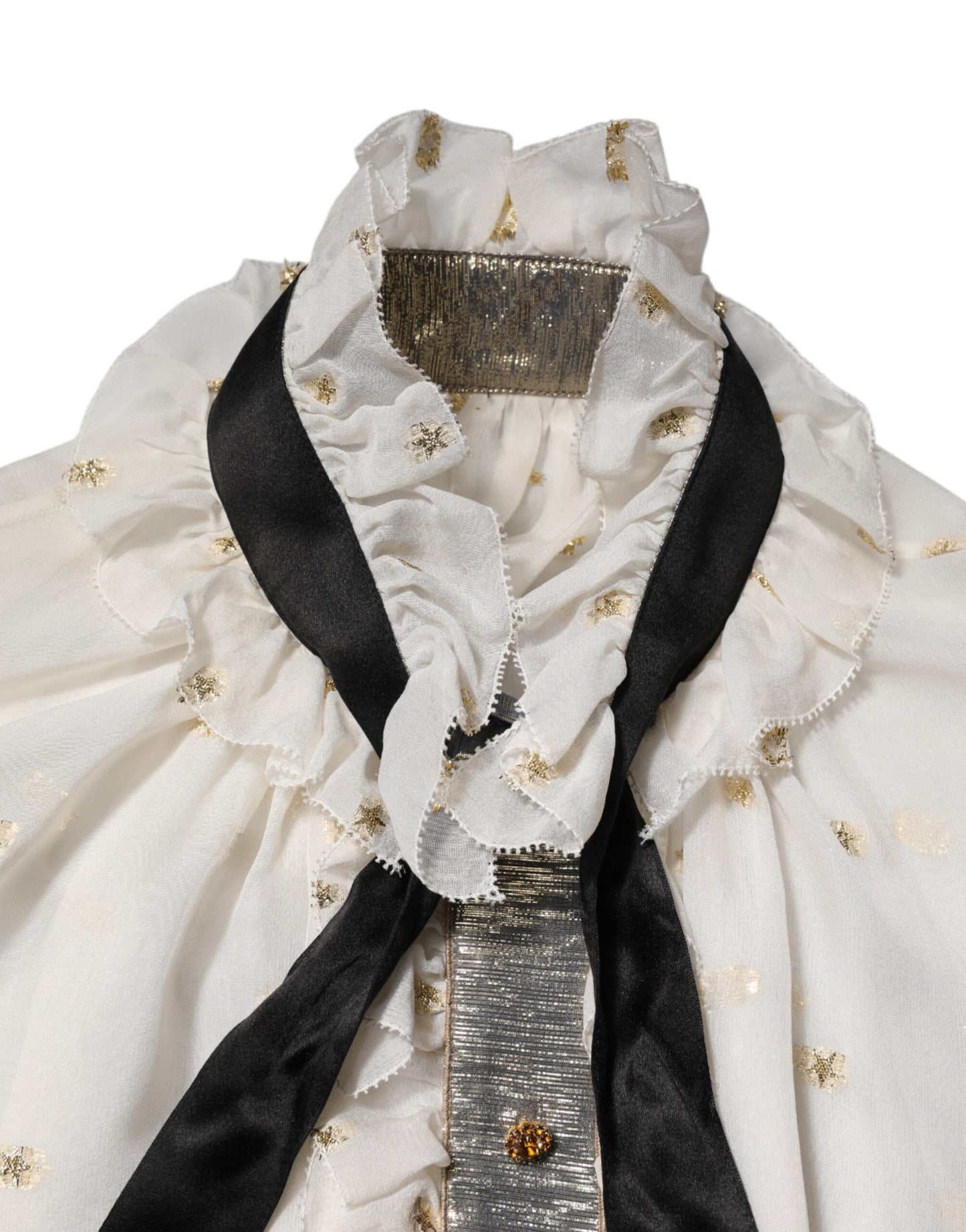 Dolce & Gabbana – Langärmliges Top mit Ascot-Kragen aus Seide in Weiß und Schwarz