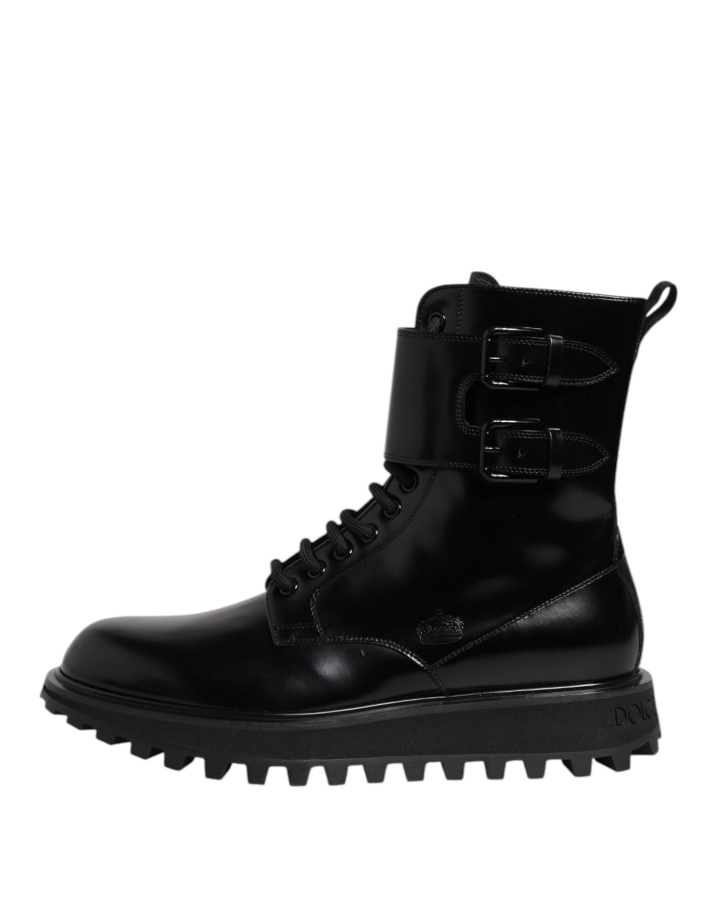 Dolce & Gabbana – Schwarze, wadenhohe Schnürstiefel aus Leder