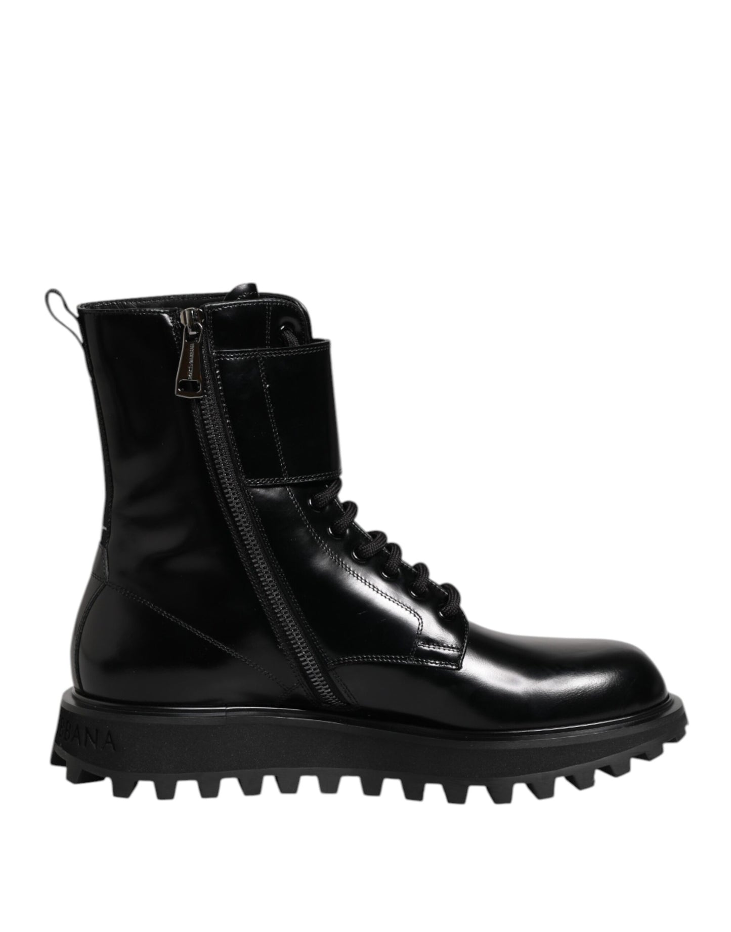 Dolce & Gabbana – Schwarze, wadenhohe Schnürstiefel aus Leder