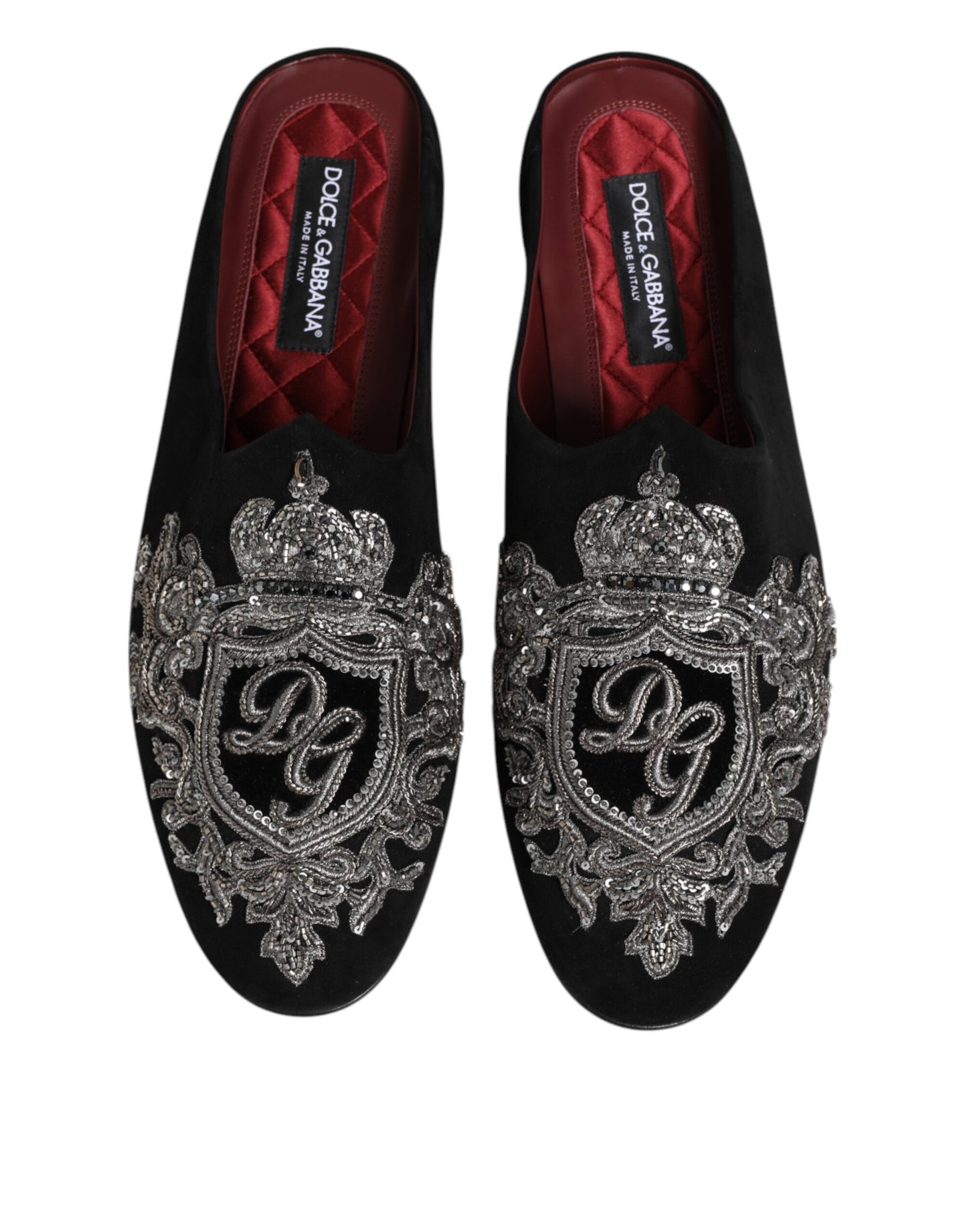 Dolce & Gabbana – Schwarze Samt-Slipper „DG Crown“