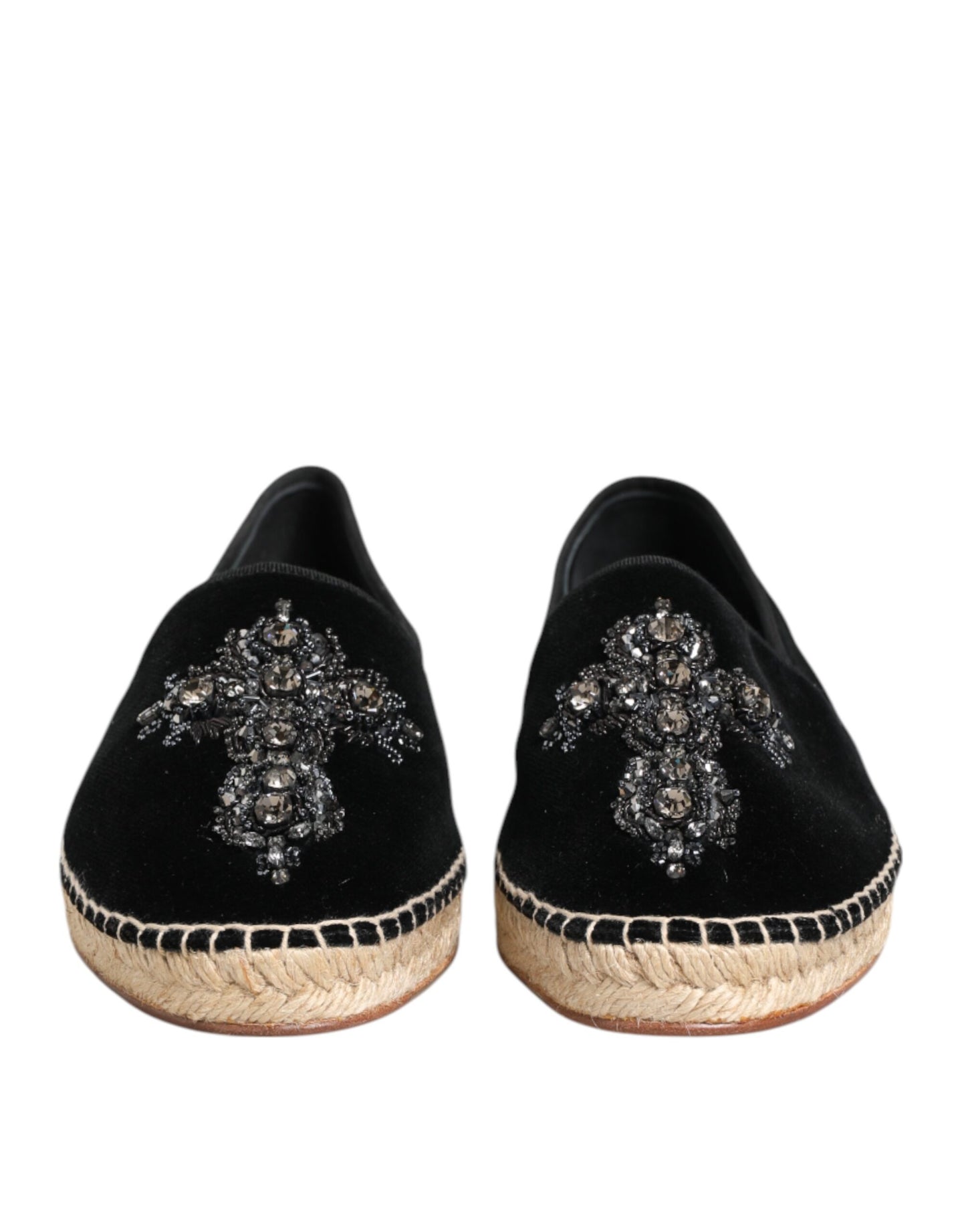 Dolce & Gabbana – Schwarze Espadrilles mit Kreuz und Kristallen zum Hineinschlüpfen