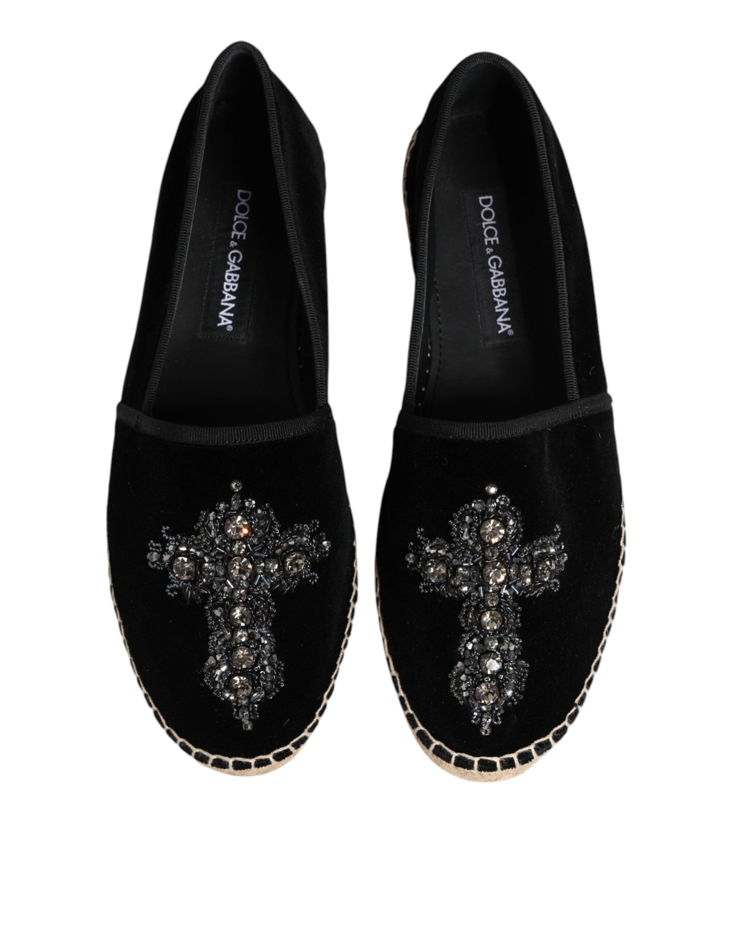 Dolce & Gabbana – Schwarze Espadrilles mit Kreuz und Kristallen zum Hineinschlüpfen