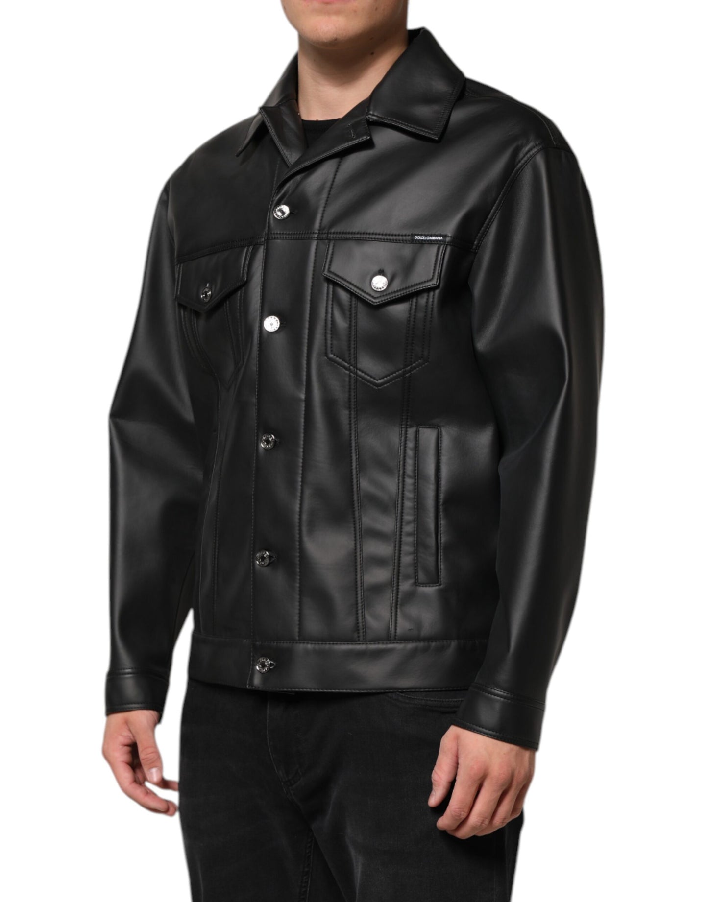 Dolce & Gabbana – Schwarze Bikerjacke aus Polyester mit Knopfleiste