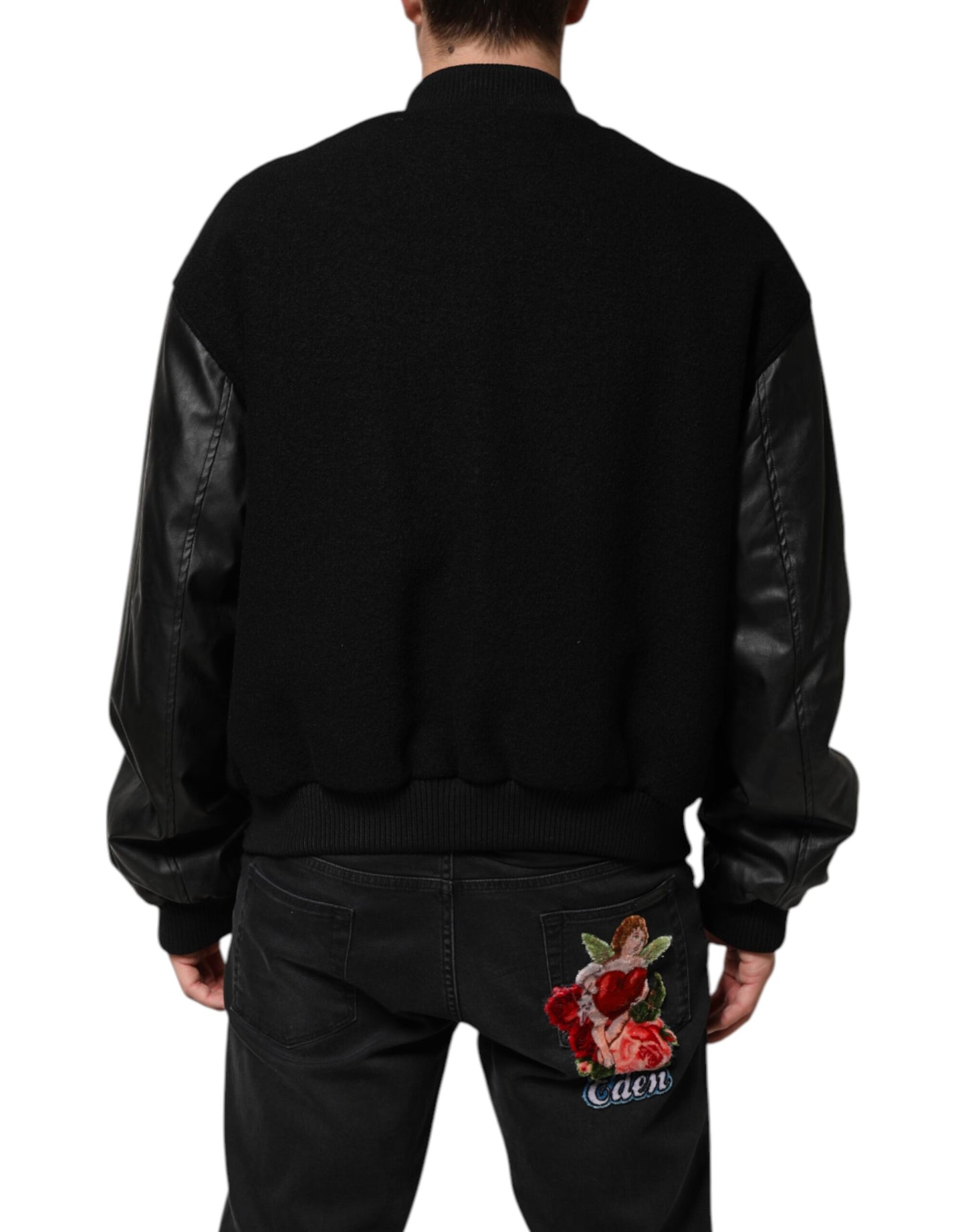 Dolce & Gabbana – Bomberjacke aus schwarzer Wolle mit Logo-Plakette