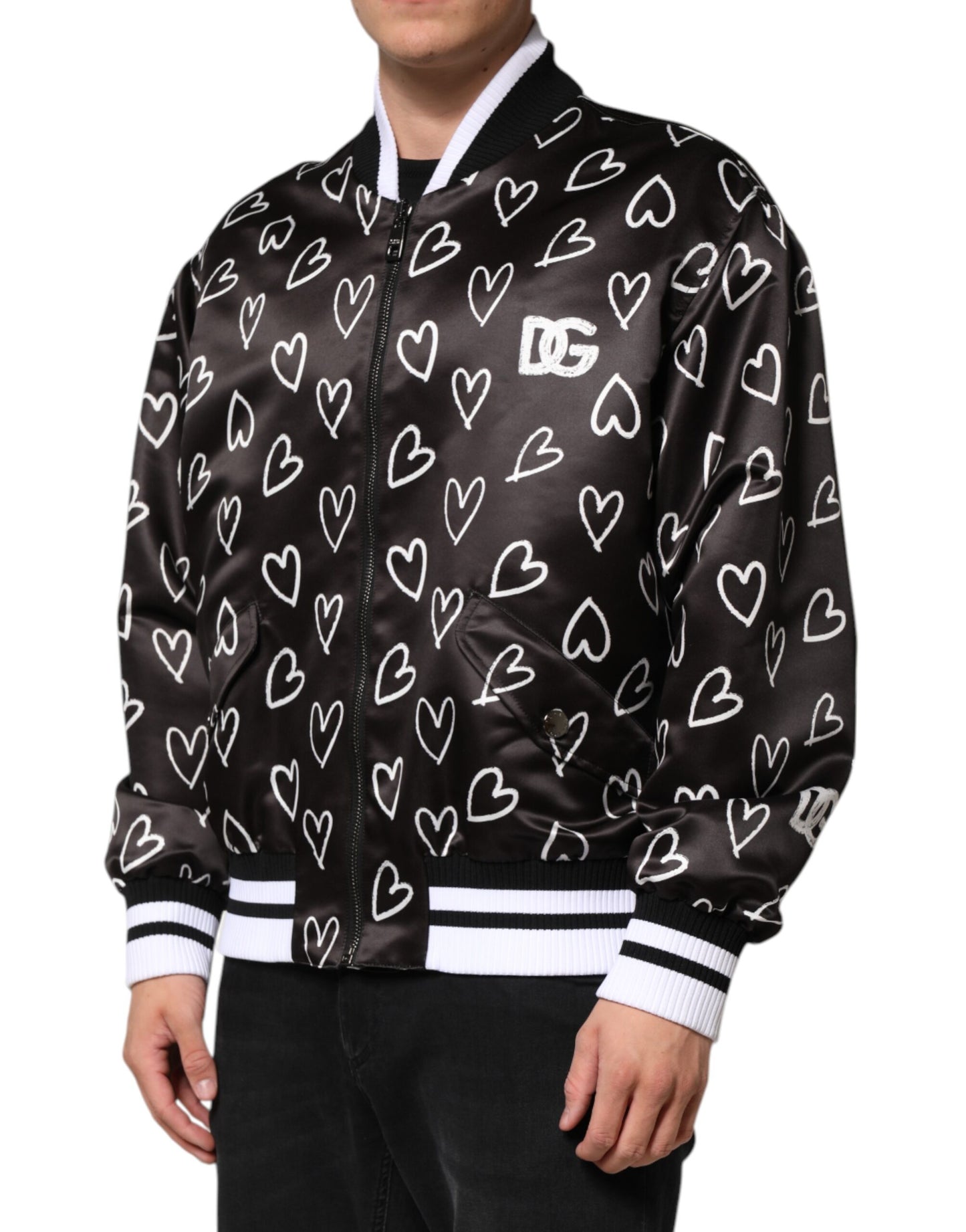 Dolce & Gabbana – Schwarze Bomberjacke aus Polyester mit Herz-Print