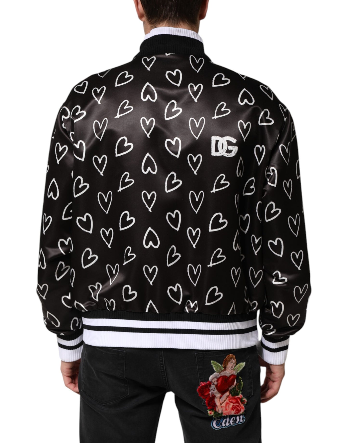 Dolce & Gabbana – Schwarze Bomberjacke aus Polyester mit Herz-Print