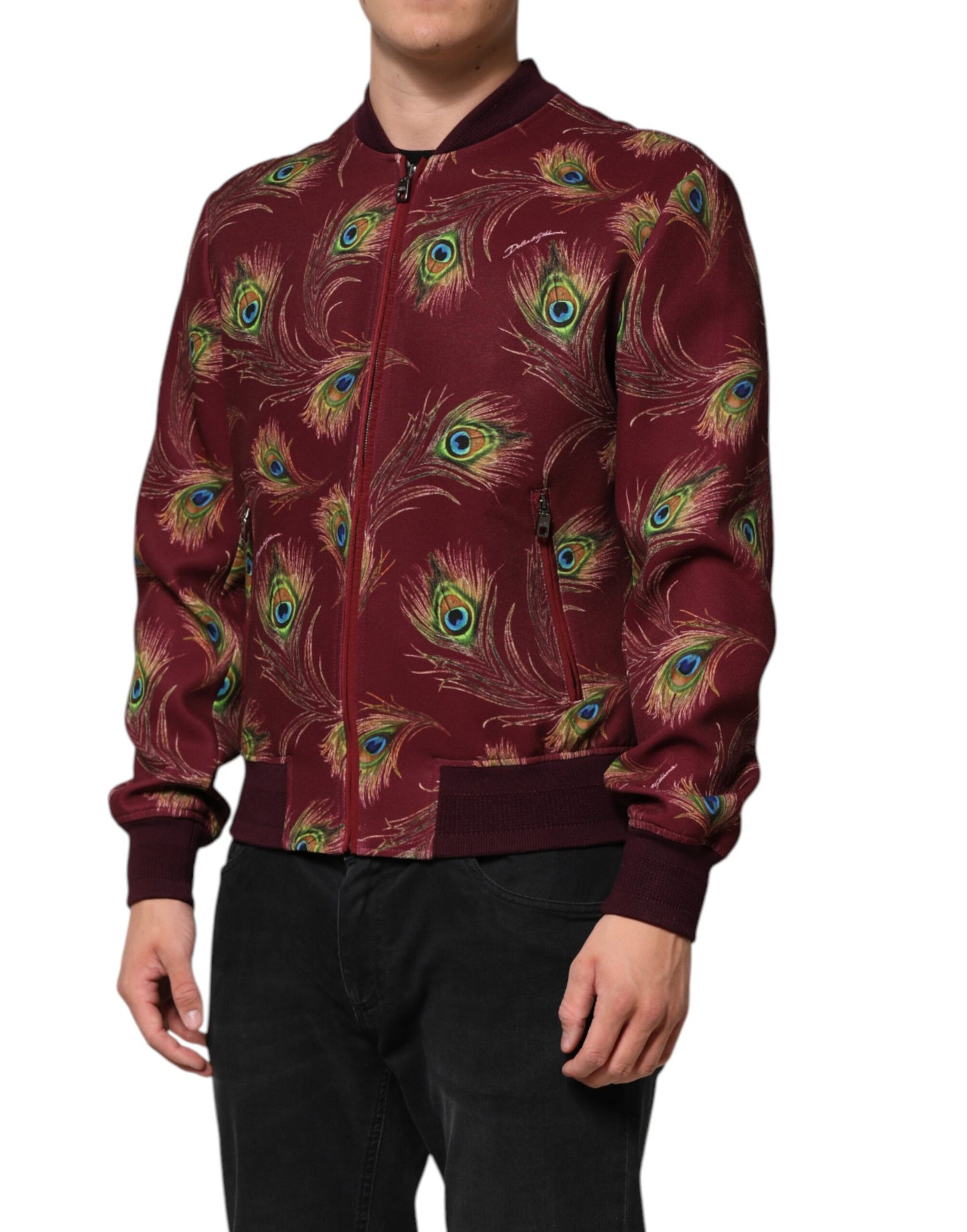 Dolce & Gabbana – Bomberjacke mit kastanienbraunem Pfauenfeder-Print