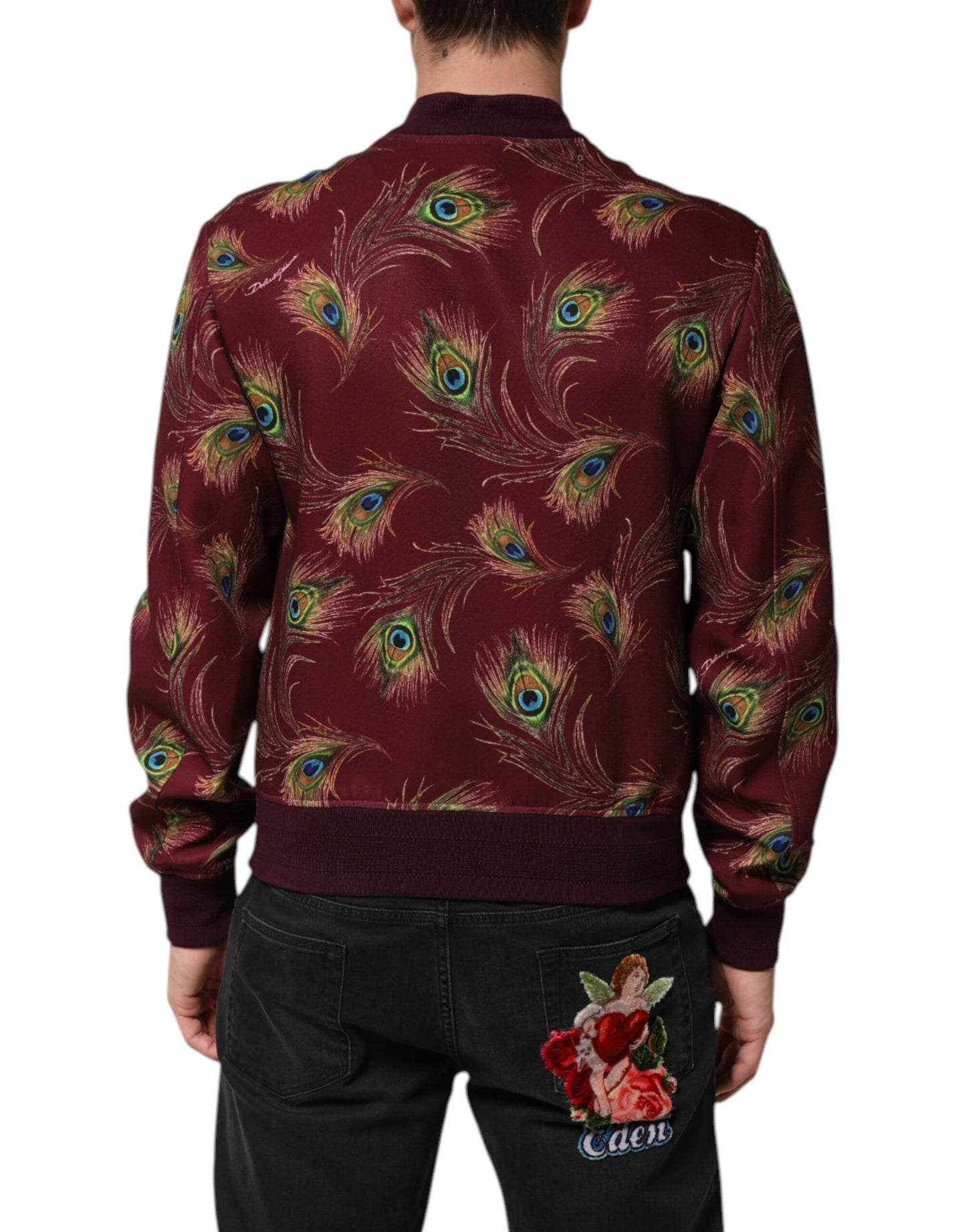Dolce & Gabbana – Bomberjacke mit kastanienbraunem Pfauenfeder-Print