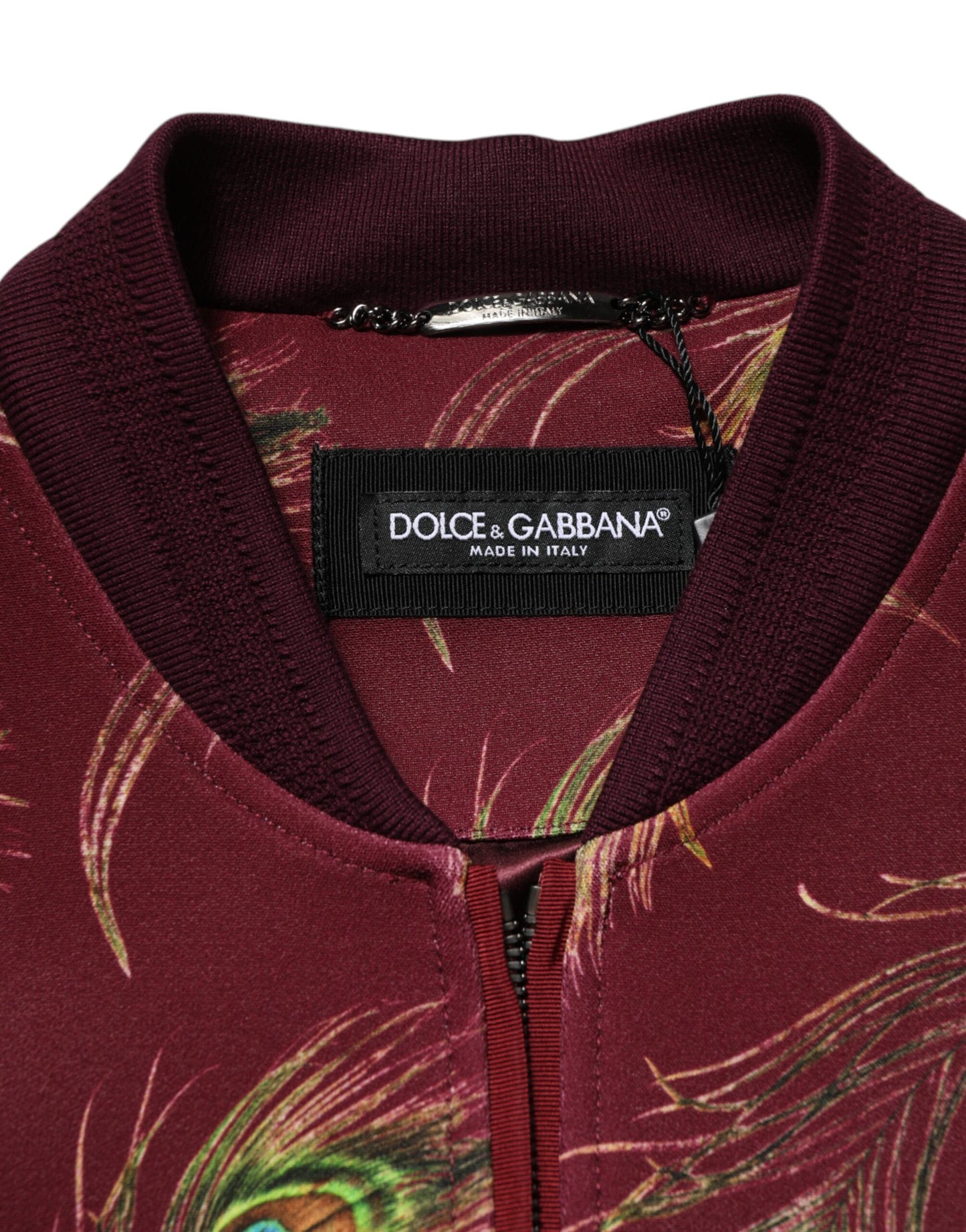 Dolce & Gabbana – Bomberjacke mit kastanienbraunem Pfauenfeder-Print