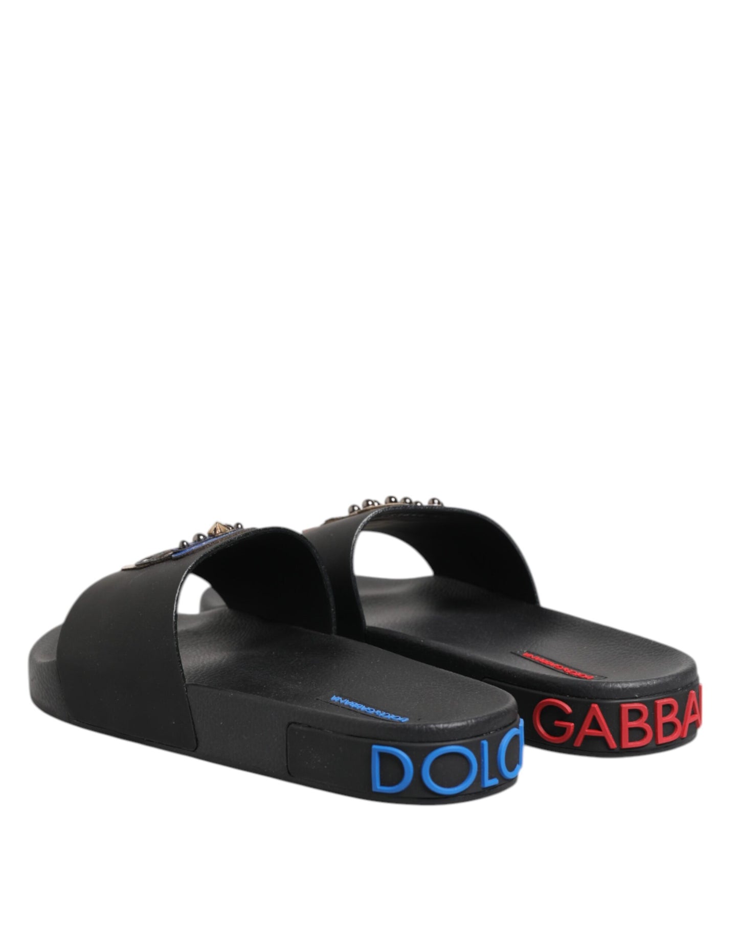 Dolce & Gabbana – Schwarze Leder-Slides, flache Strandschuhe