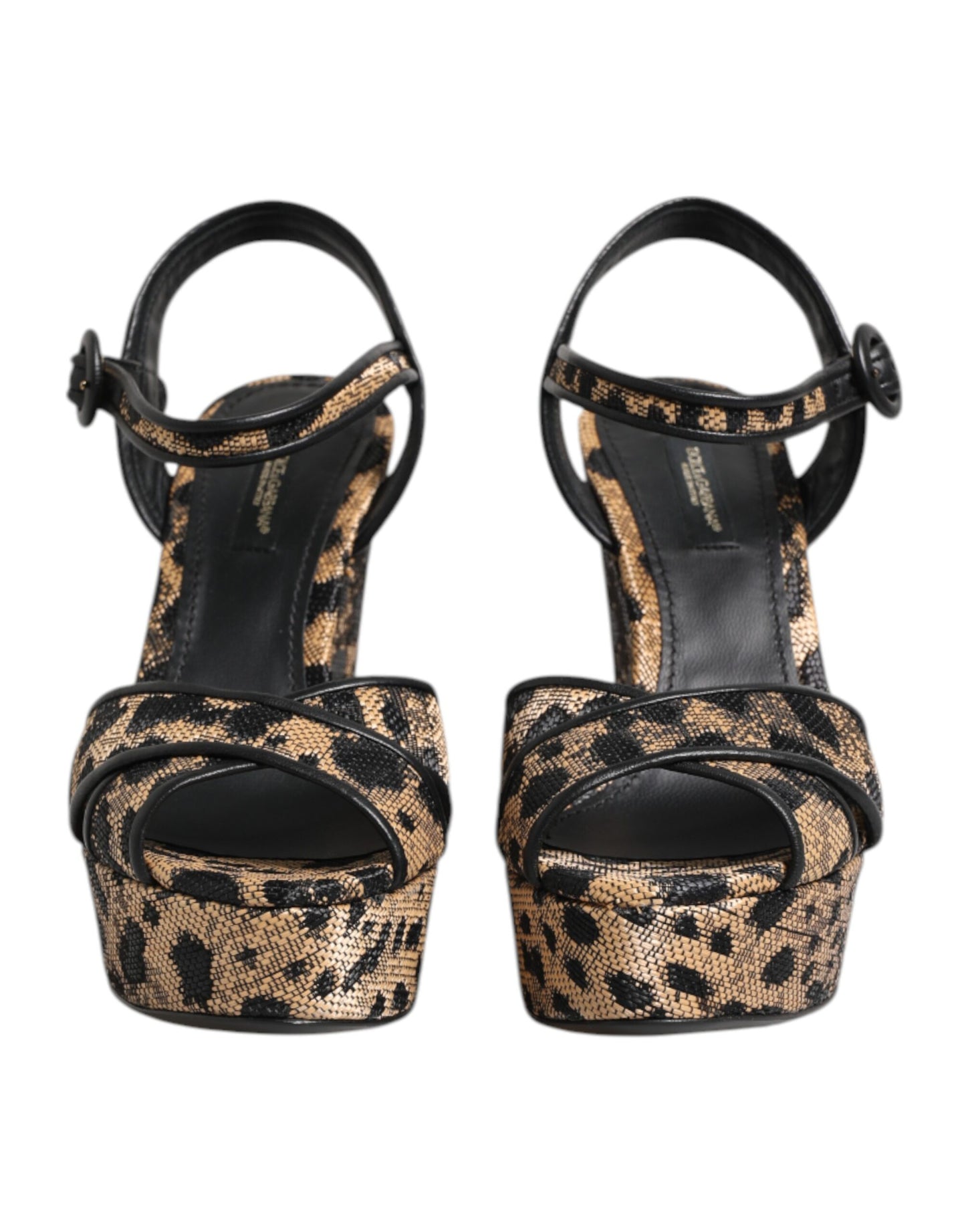 Dolce & Gabbana Braune Sandalen mit Keilabsatz und Knöchelriemen in Leopardenmuster