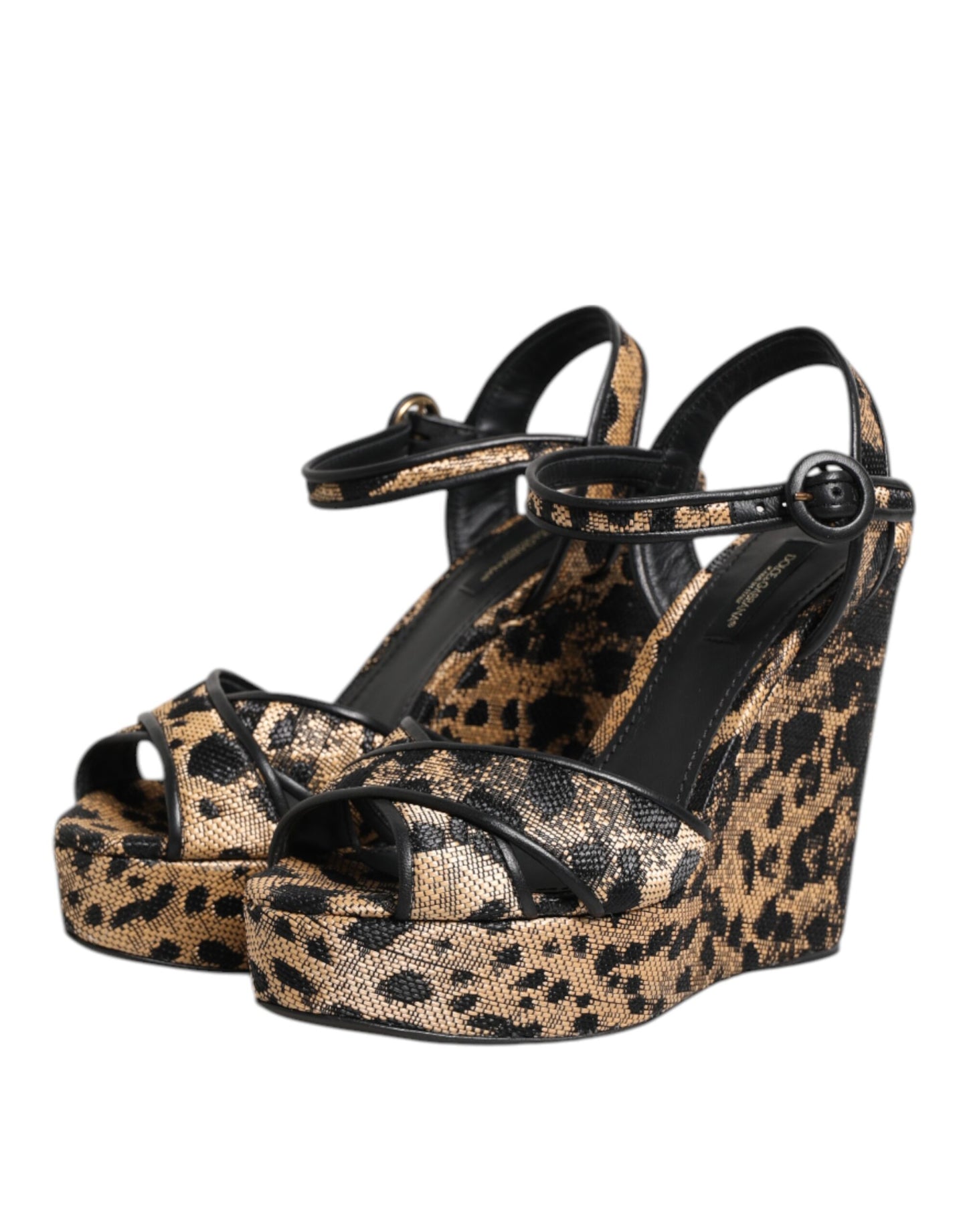 Dolce & Gabbana Braune Sandalen mit Keilabsatz und Knöchelriemen in Leopardenmuster