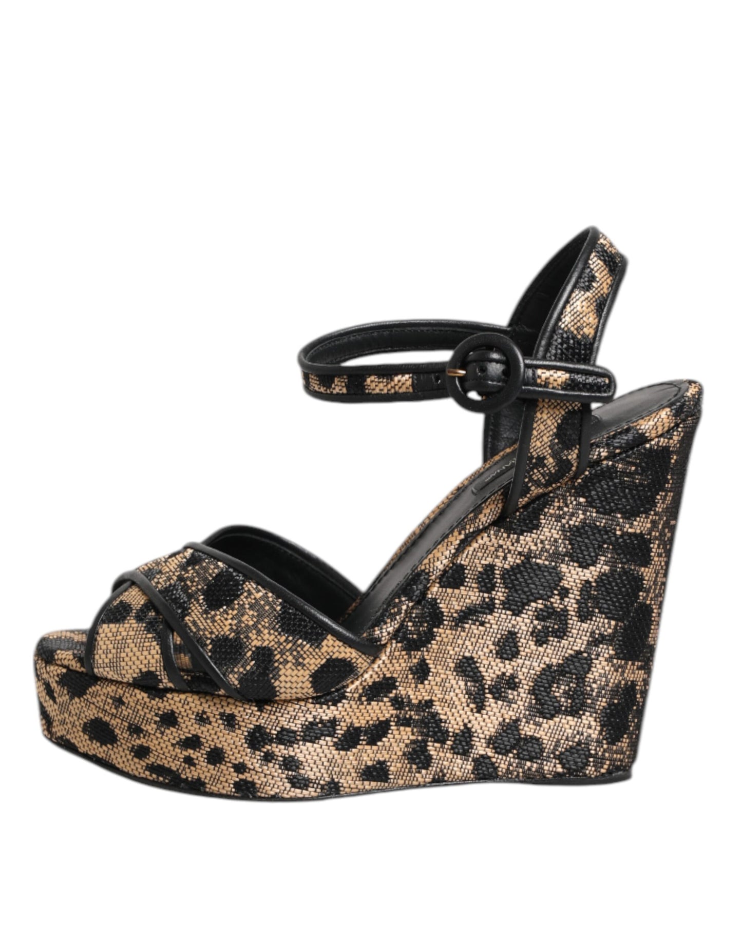 Dolce & Gabbana Braune Sandalen mit Keilabsatz und Knöchelriemen in Leopardenmuster