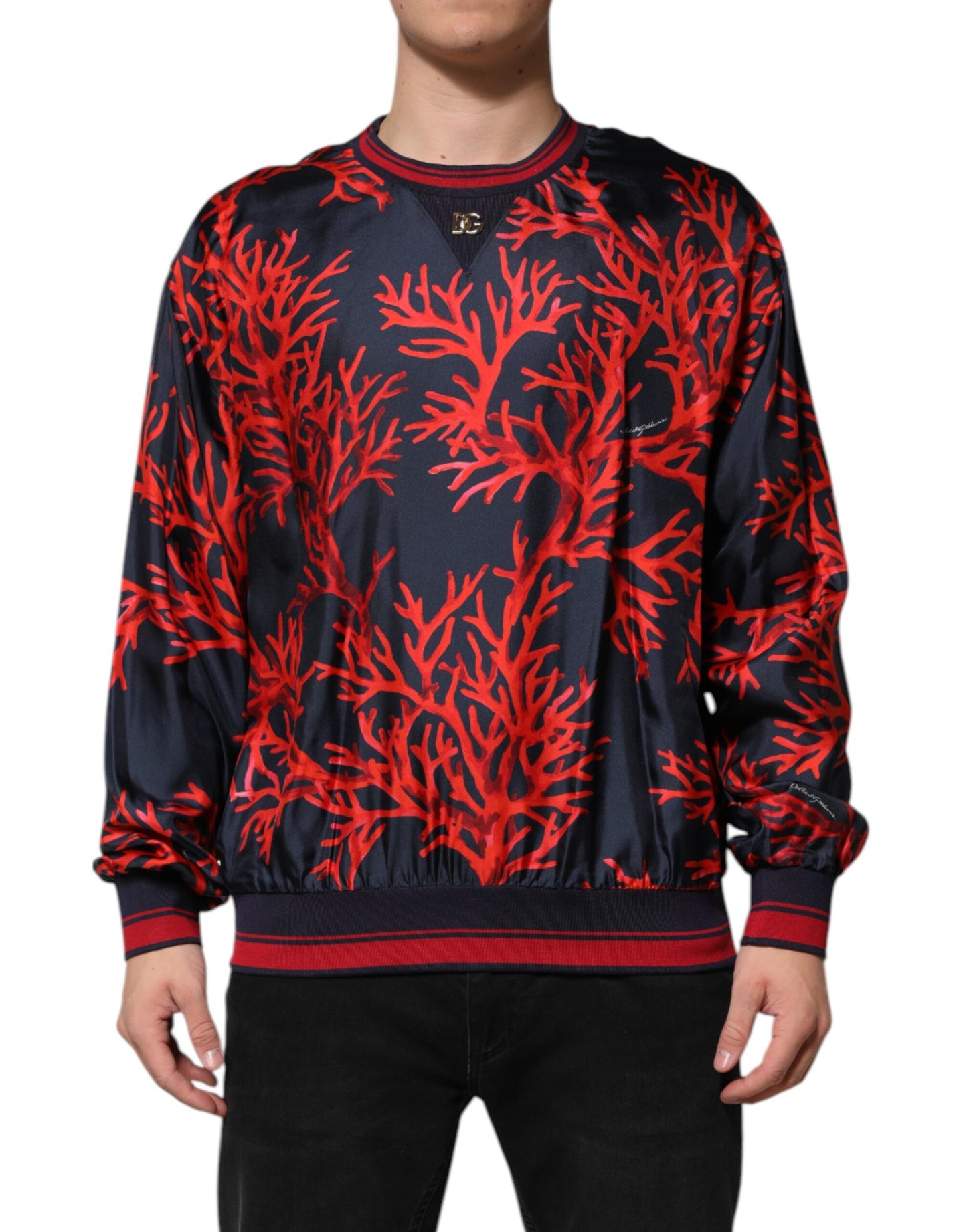 Dolce & Gabbana Marineblauer Pullover aus Seide mit Korallendruck