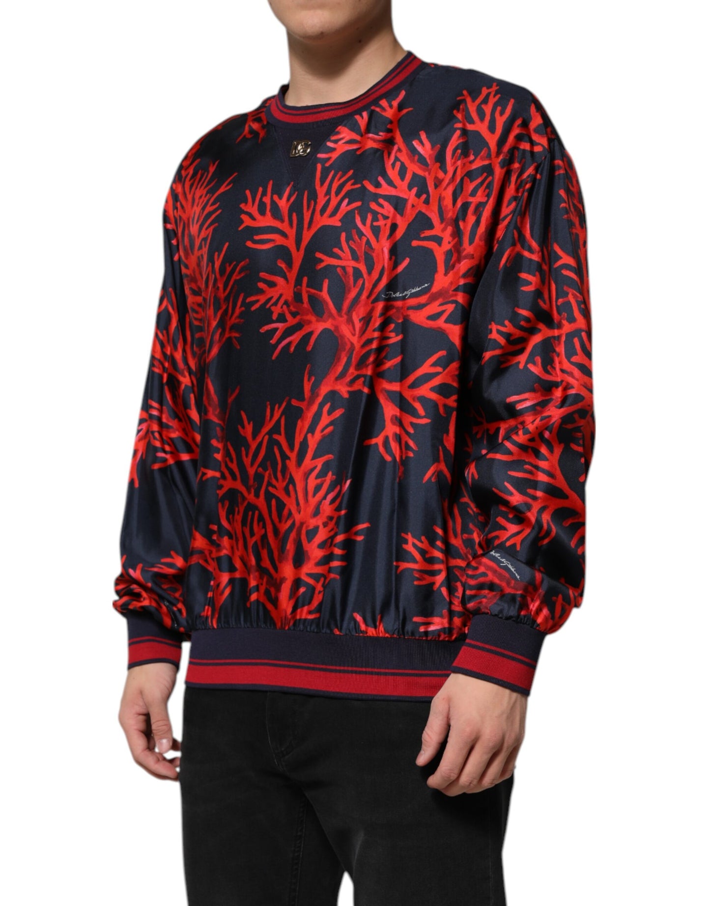 Dolce & Gabbana Marineblauer Pullover aus Seide mit Korallendruck