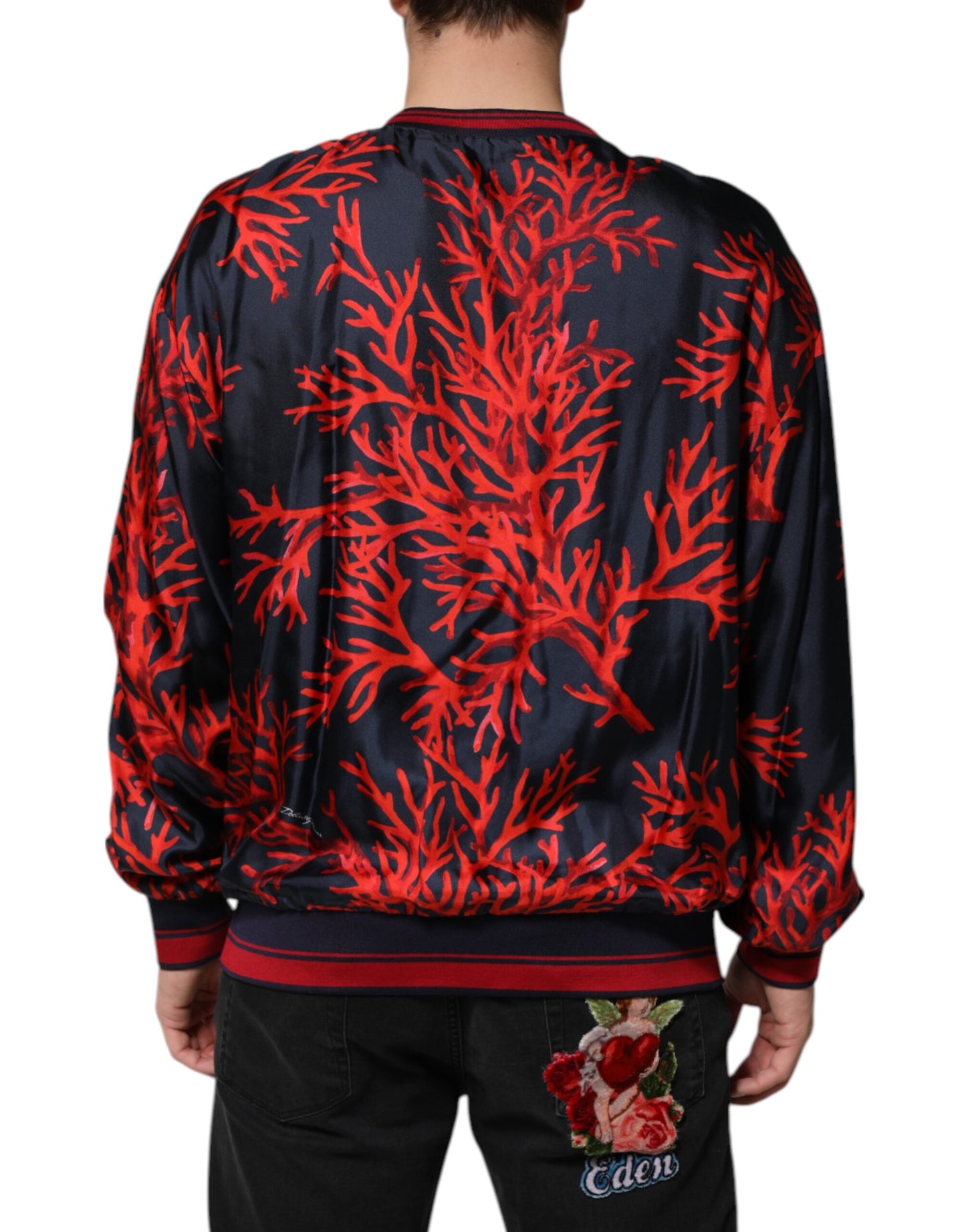 Dolce & Gabbana Marineblauer Pullover aus Seide mit Korallendruck