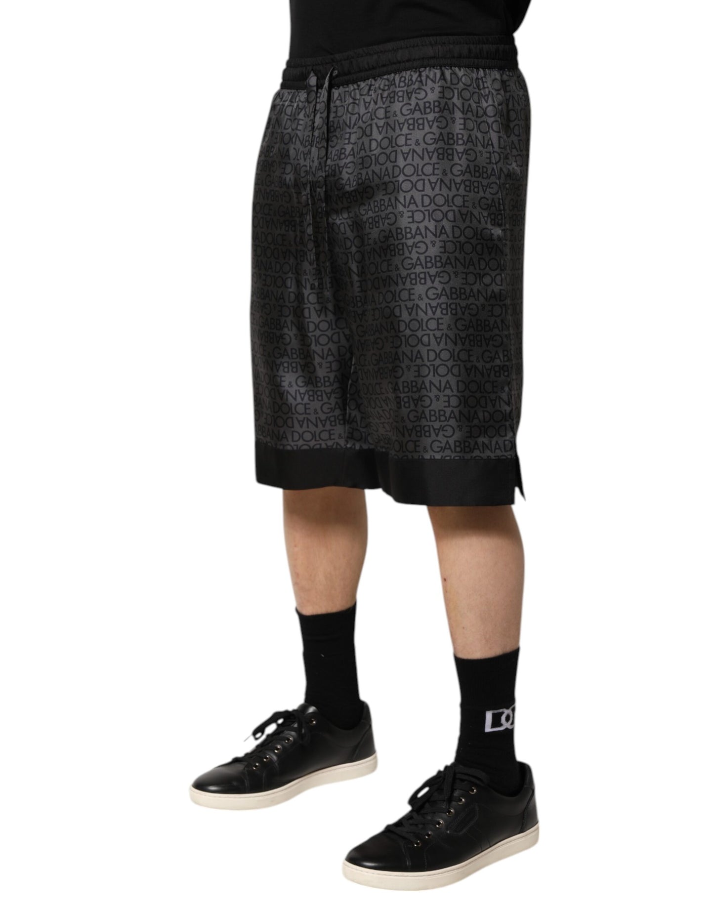 Dolce & Gabbana Grau-schwarze Bermudashorts aus Seide mit DG-Logo für Herren