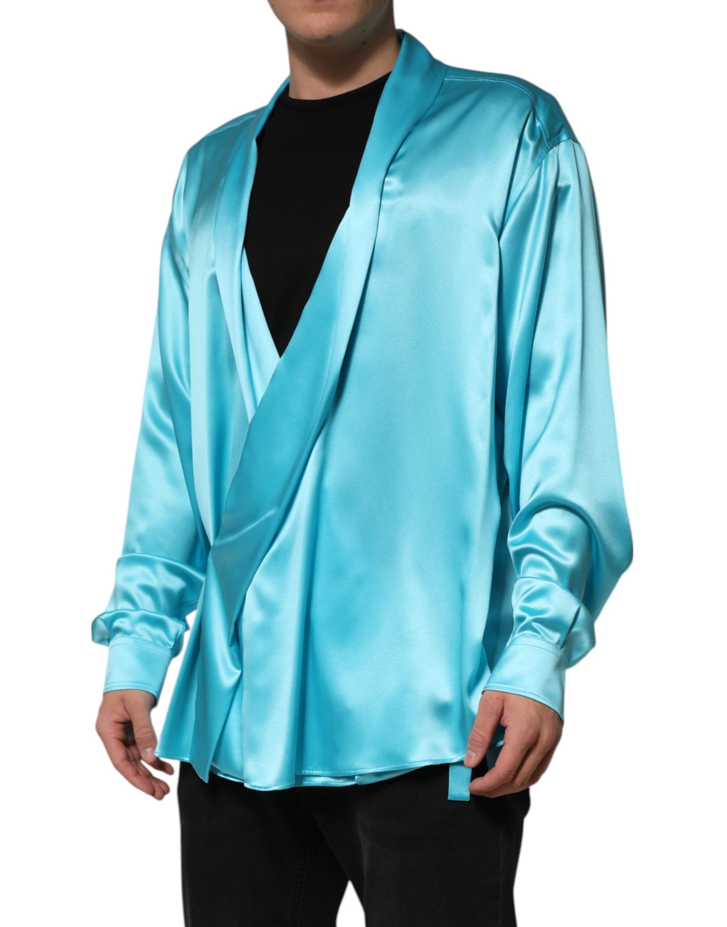Dolce & Gabbana, aquablauer, langärmliger Seidenpullover im Wickelstil