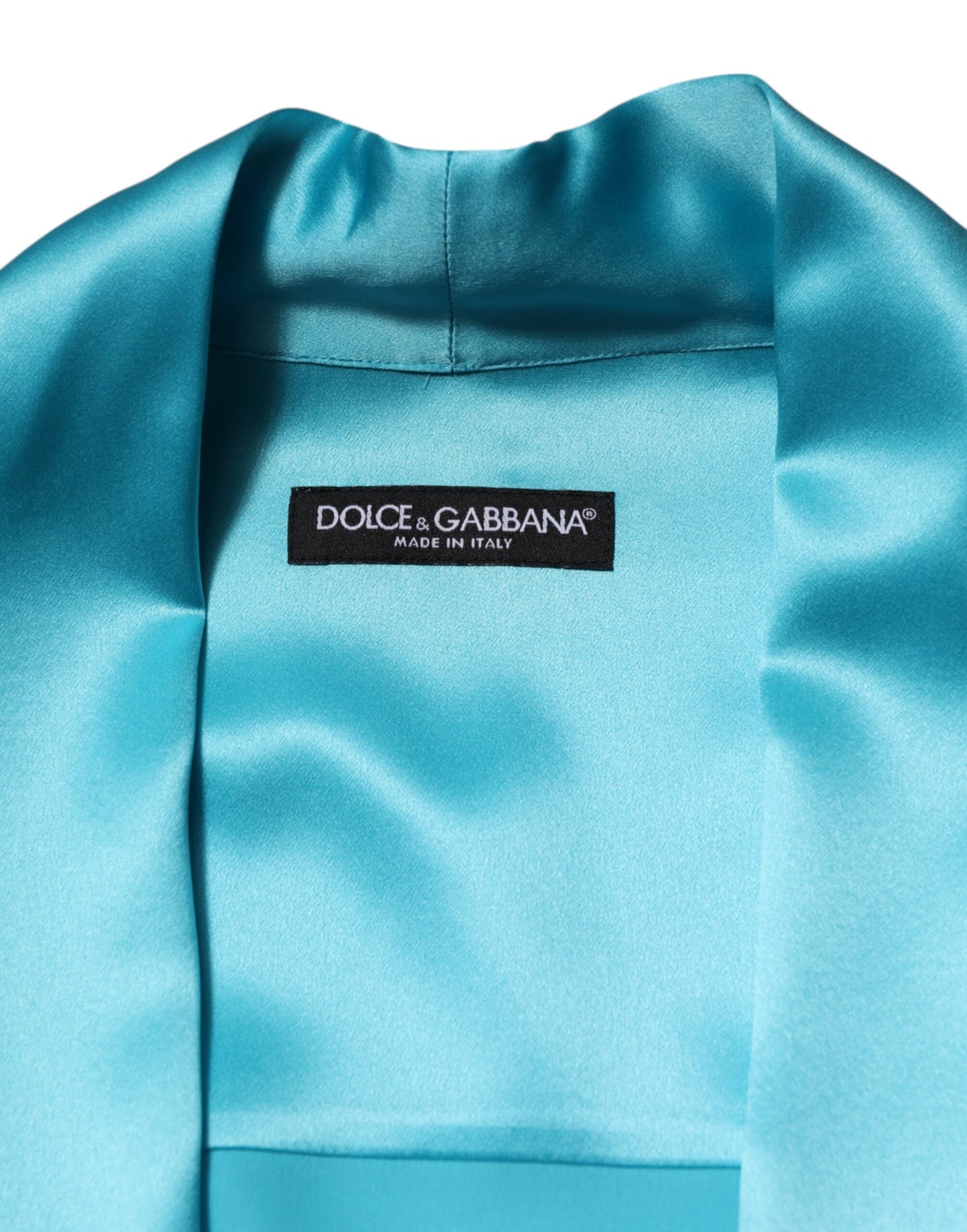 Dolce & Gabbana, aquablauer, langärmliger Seidenpullover im Wickelstil