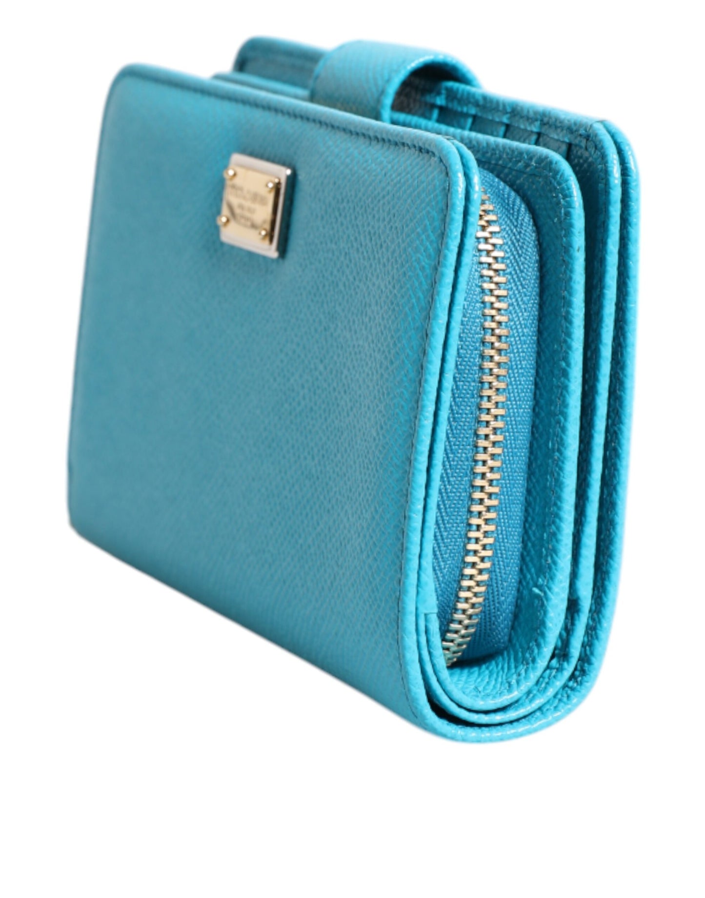 Dolce & Gabbana Hellblaue, zweifach faltbare Clutch aus Leder im Kontinentalstil