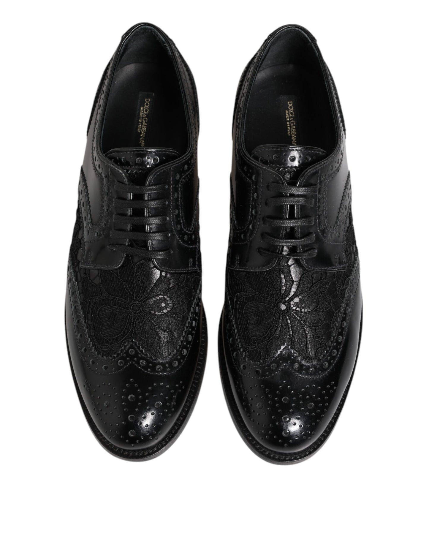 Dolce & Gabbana – Formelle Schuhe aus schwarzem Leder mit floraler Spitze