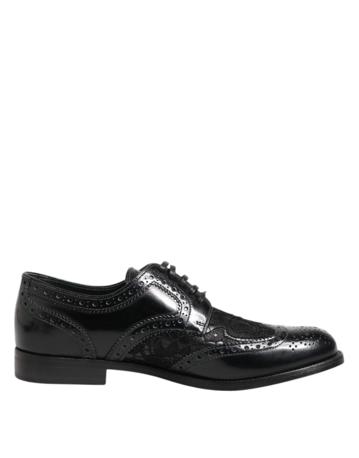 Dolce & Gabbana – Formelle Schuhe aus schwarzem Leder mit floraler Spitze
