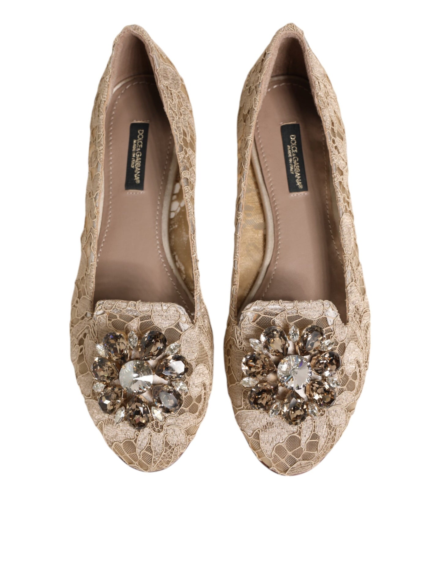 Dolce & Gabbana – Taormina – Flache Schuhe mit Spitze und Kristallen in Elfenbein
