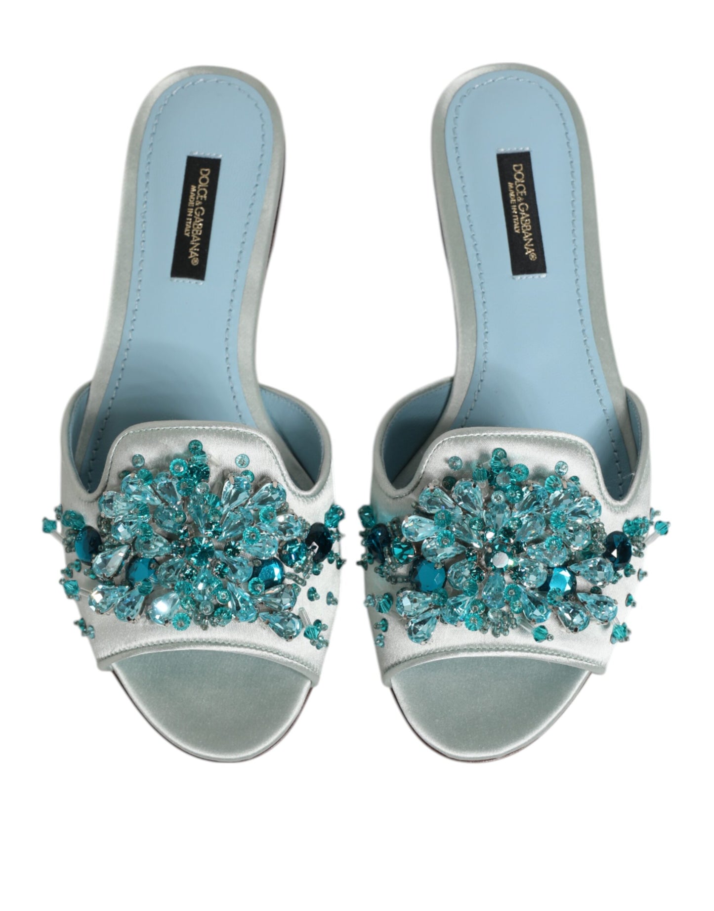 Dolce & Gabbana – Silberblaue Slider aus Leder mit Perlenverzierung