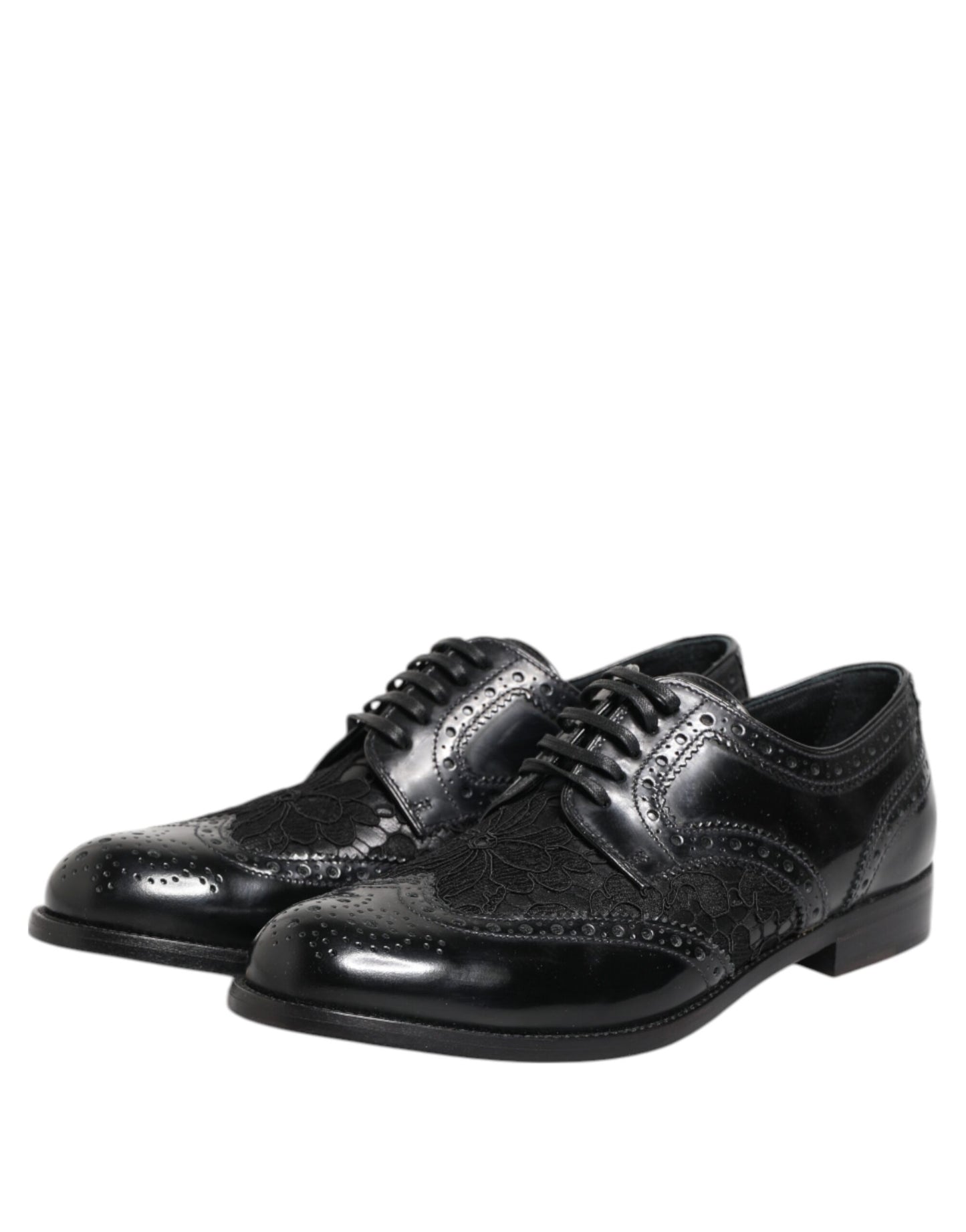 Dolce & Gabbana – Formelle Schuhe aus schwarzem Leder mit floraler Spitze