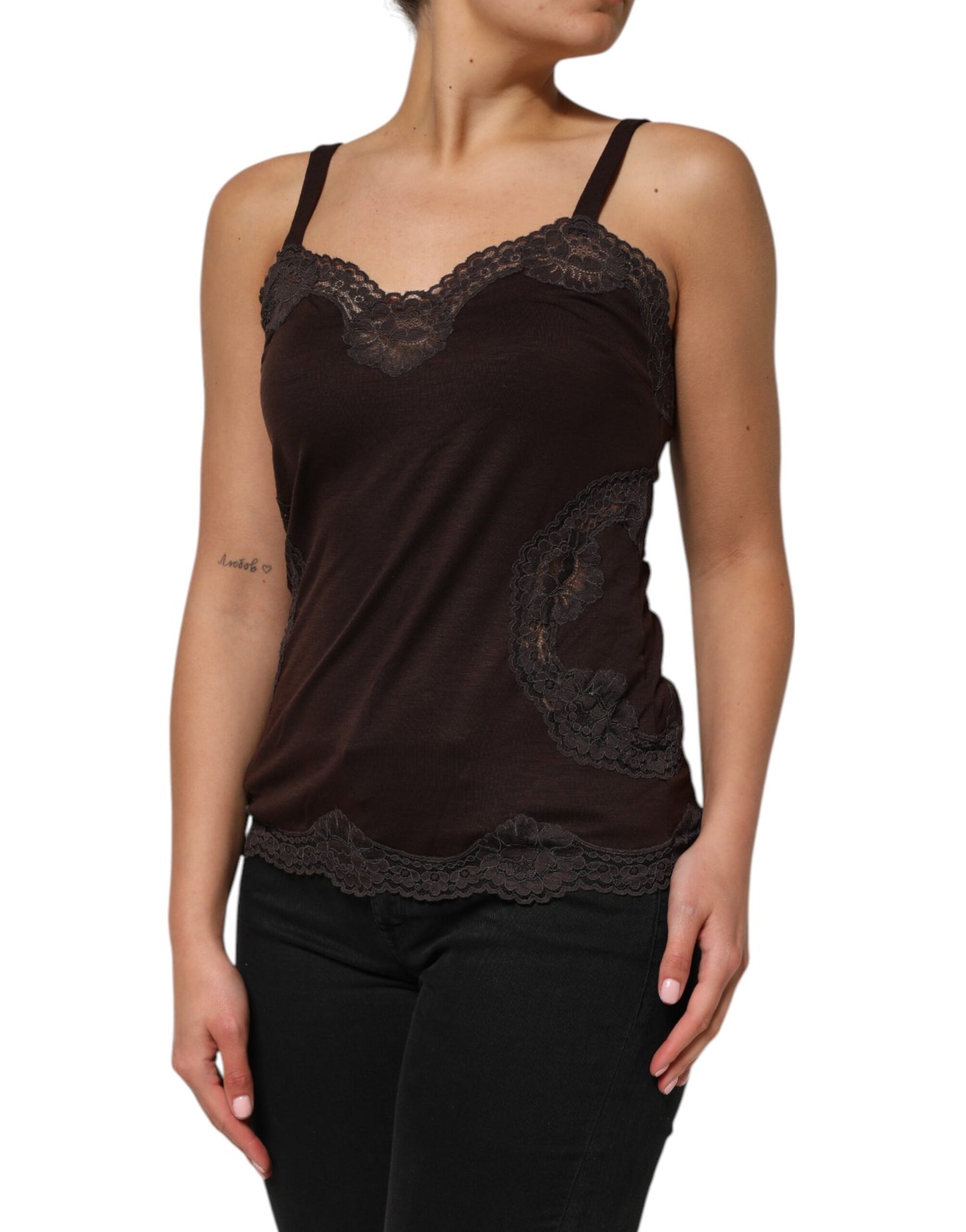 Dolce & Gabbana – Ärmelloses Tanktop aus Wolle mit Spitzenbesatz in Dunkelbraun