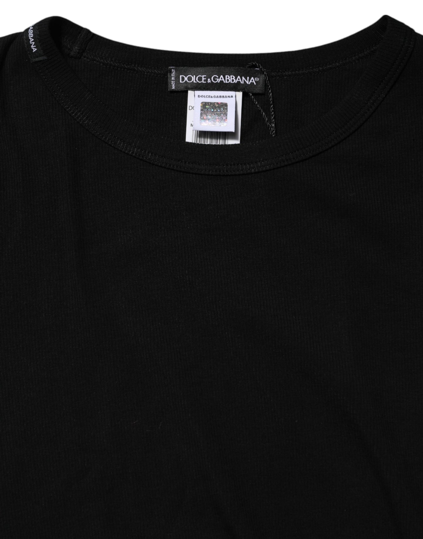 Dolce & Gabbana – Schwarzes T-Shirt aus Baumwollstrick mit Rundhalsausschnitt und langen Ärmeln