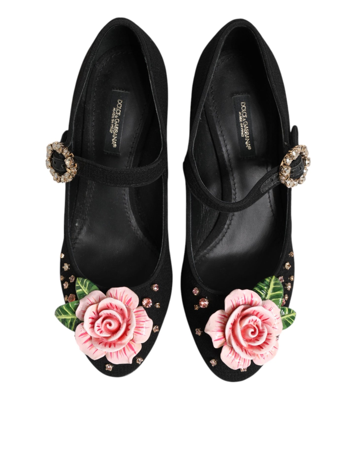 Dolce & Gabbana – Schwarze Mary-Jane-Schuhe mit Blumen- und Kristallverzierung