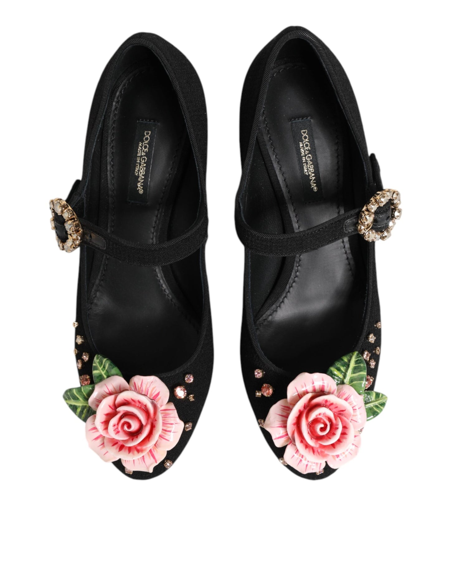 Dolce & Gabbana – Schwarze Mary-Jane-Schuhe mit Blumen- und Kristallverzierung
