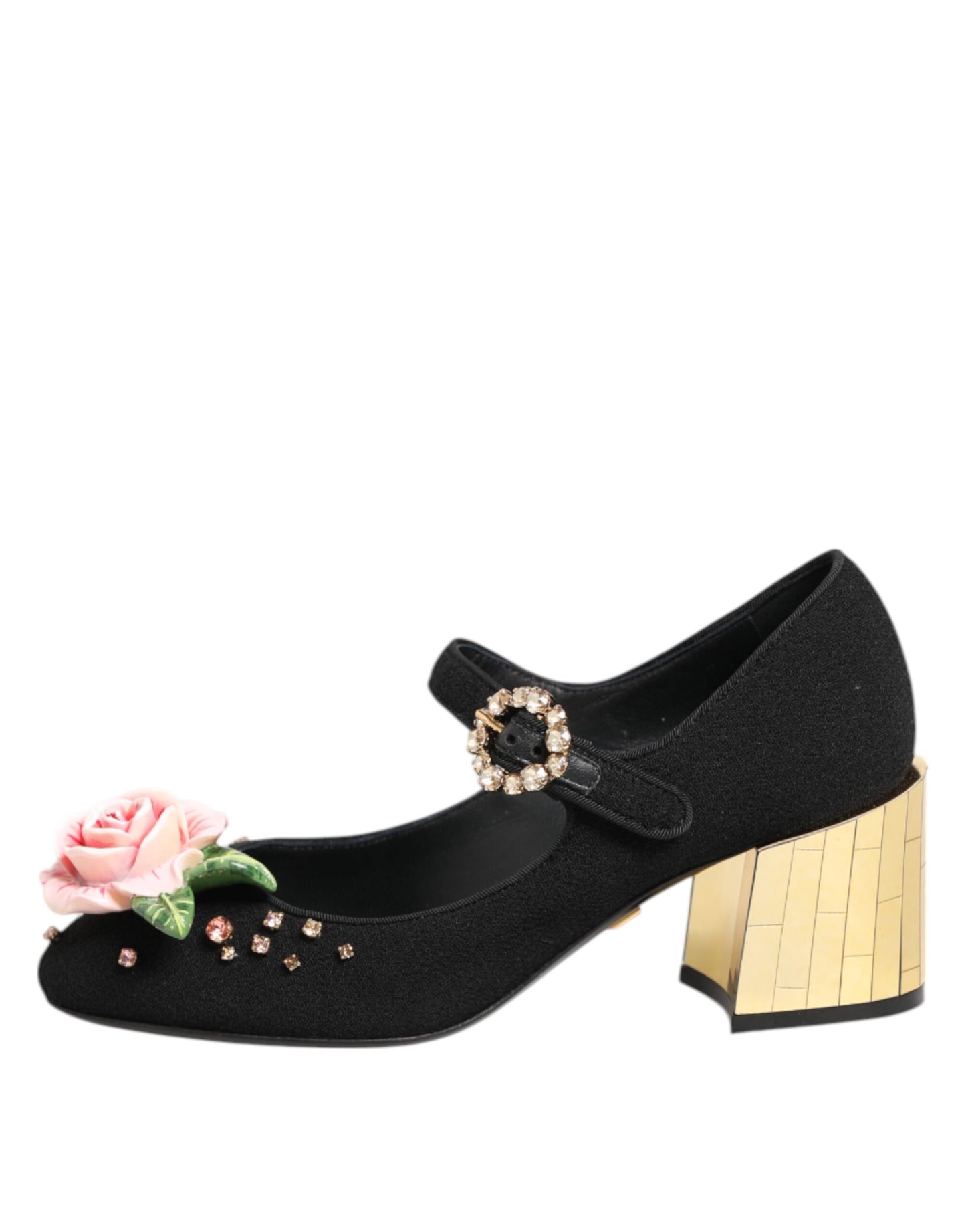 Dolce & Gabbana – Schwarze Mary-Jane-Schuhe mit Blumen- und Kristallverzierung