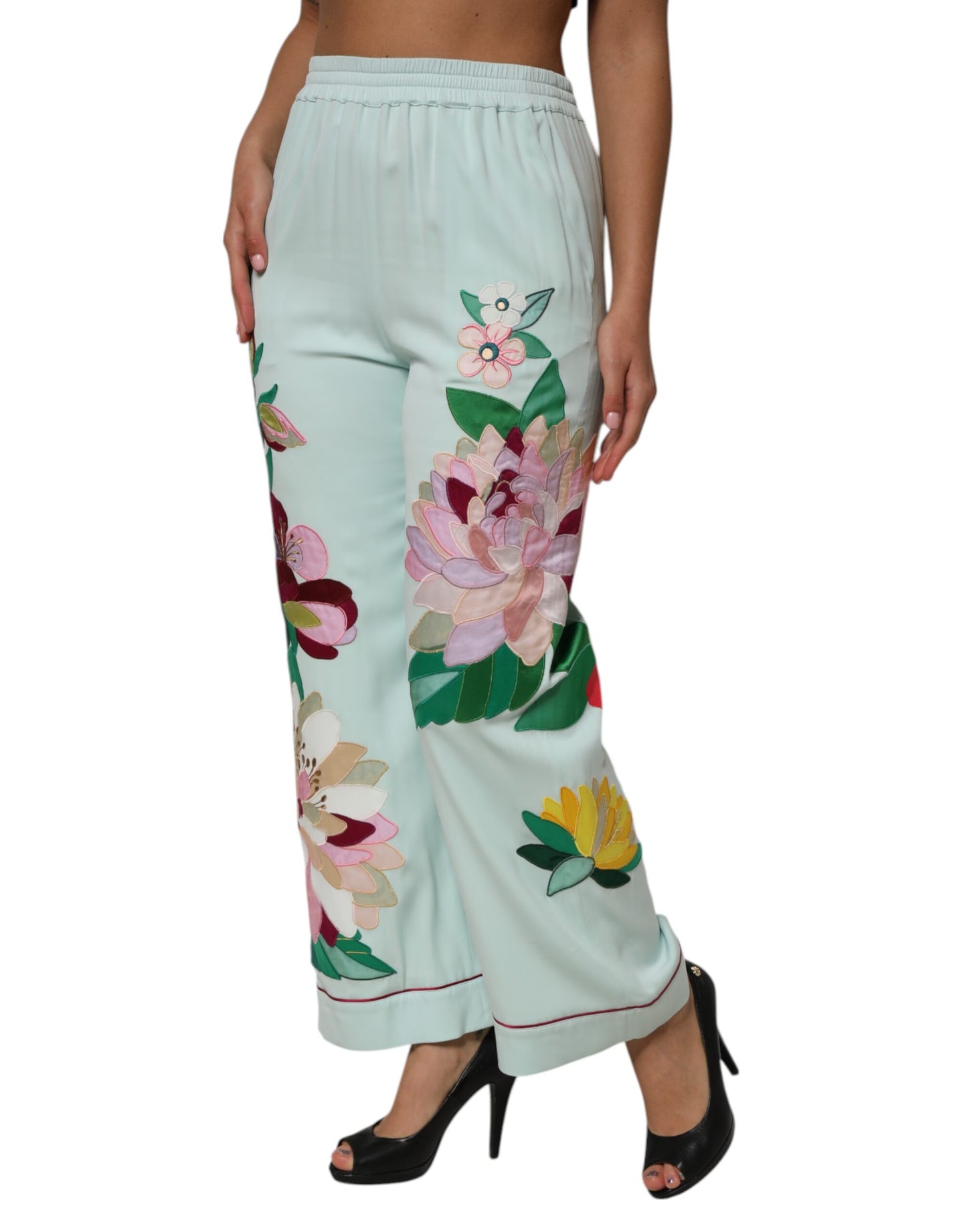 Dolce & Gabbana, grüne, gerade Pyjamahose mit Strumpfband und Blumenmuster