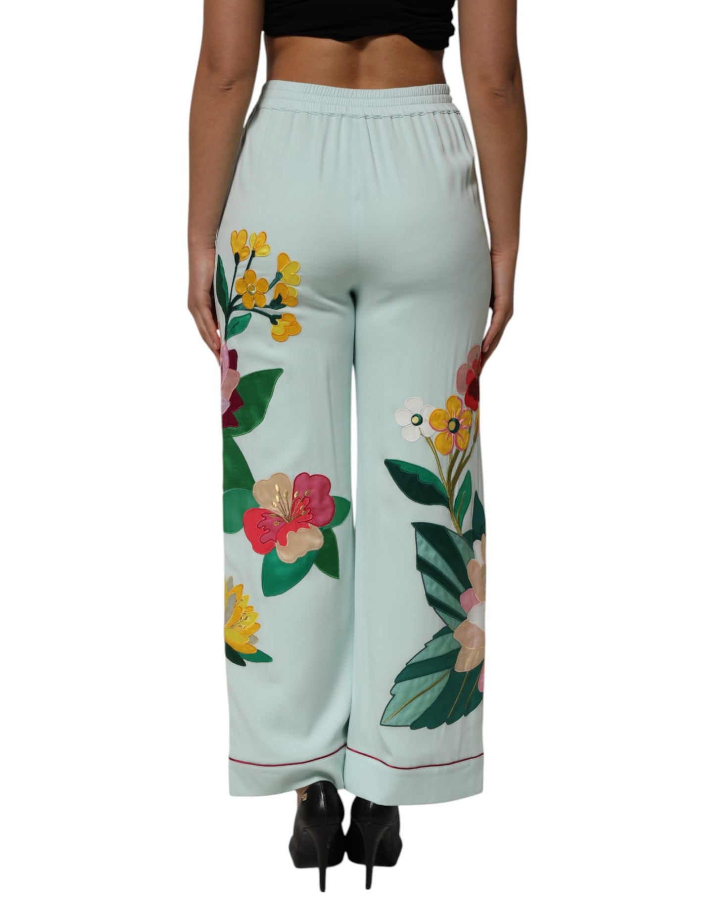 Dolce & Gabbana, grüne, gerade Pyjamahose mit Strumpfband und Blumenmuster