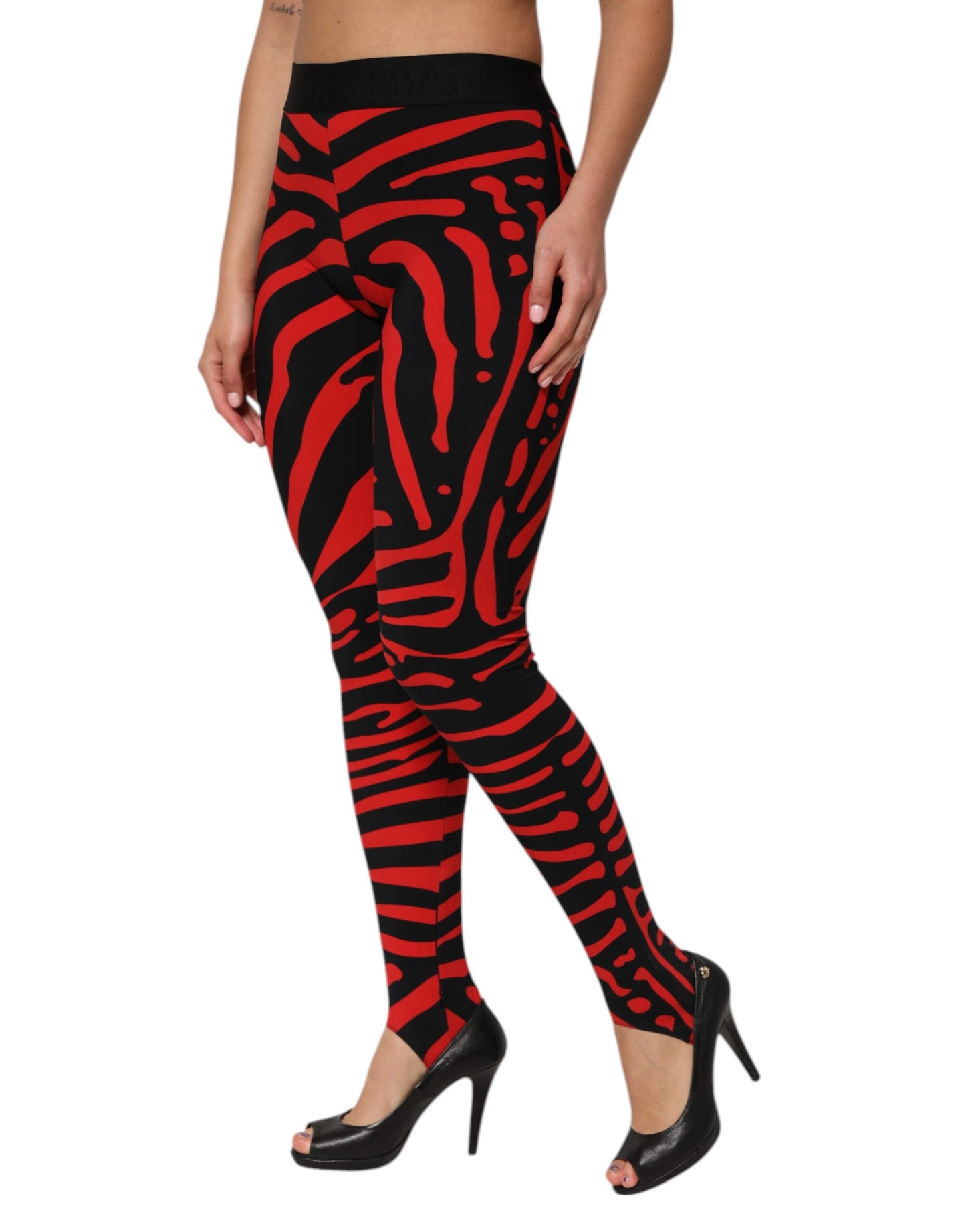 Dolce & Gabbana – Leggings mit Logo-Taille aus Nylon in Schwarz und Rot