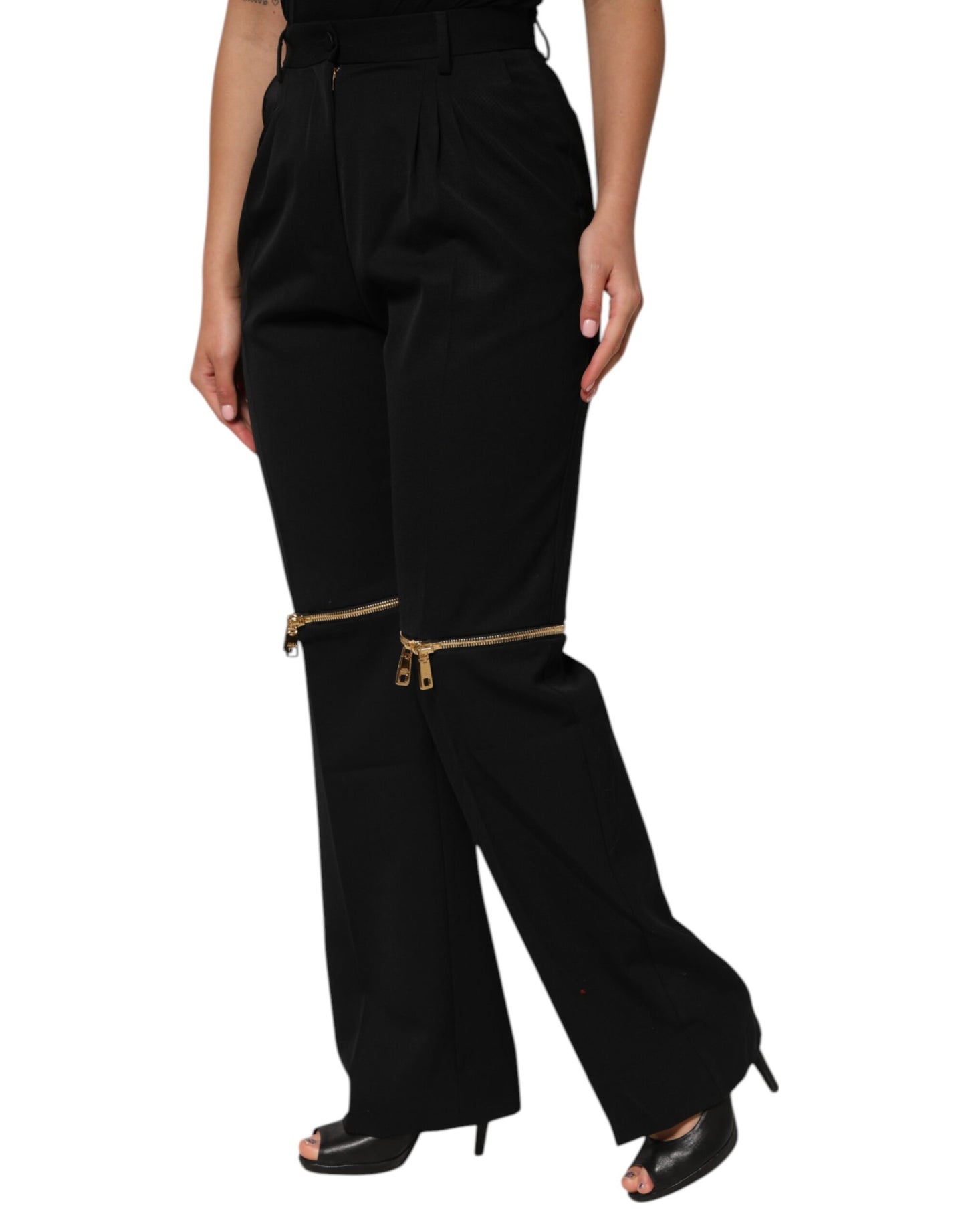 Dolce & Gabbana – Schwarze Wollhose mit geradem Bein und Reißverschlussdetail