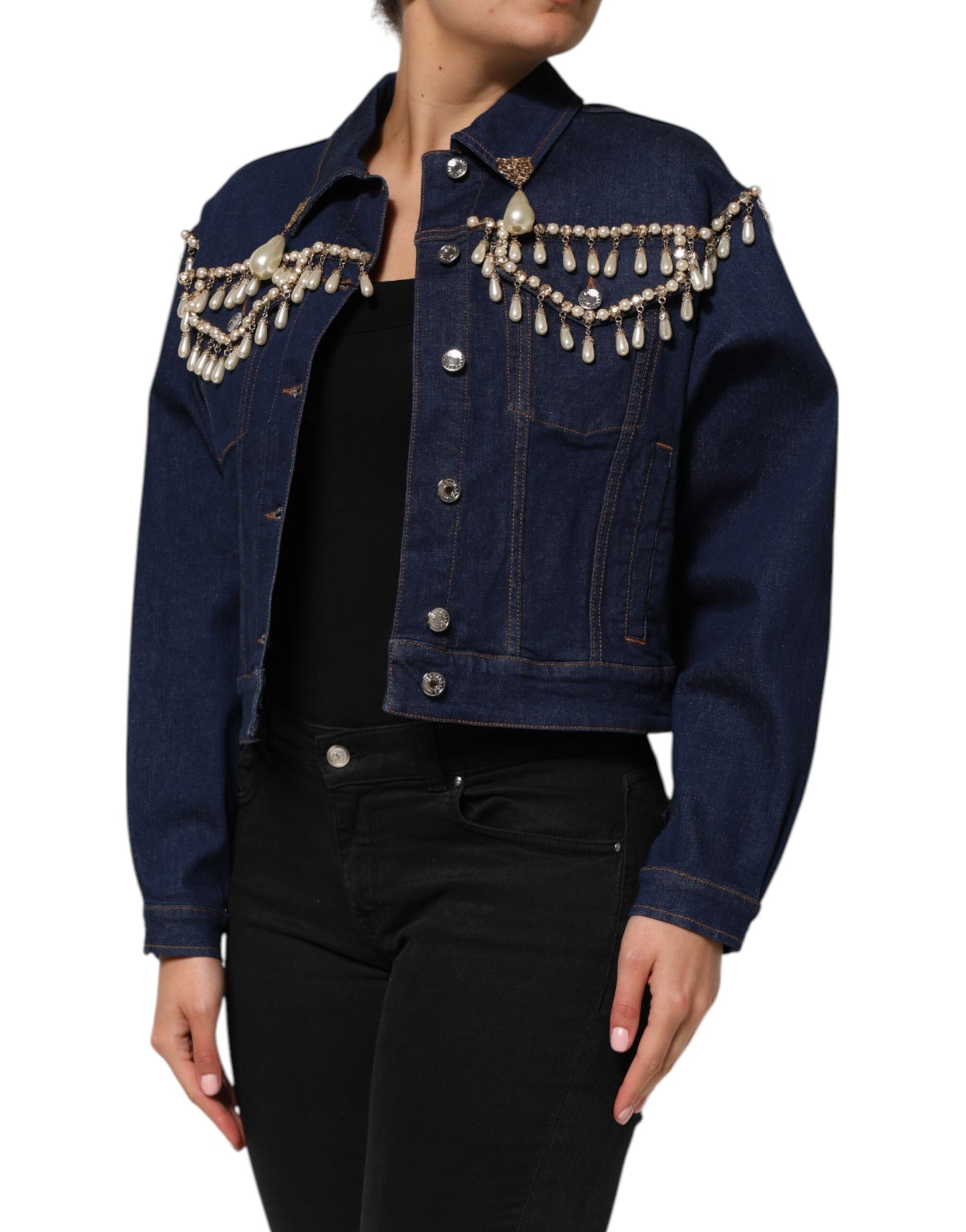 Dolce & Gabbana – Blaue Jacke aus Baumwoll-Denim mit Kristallverzierung