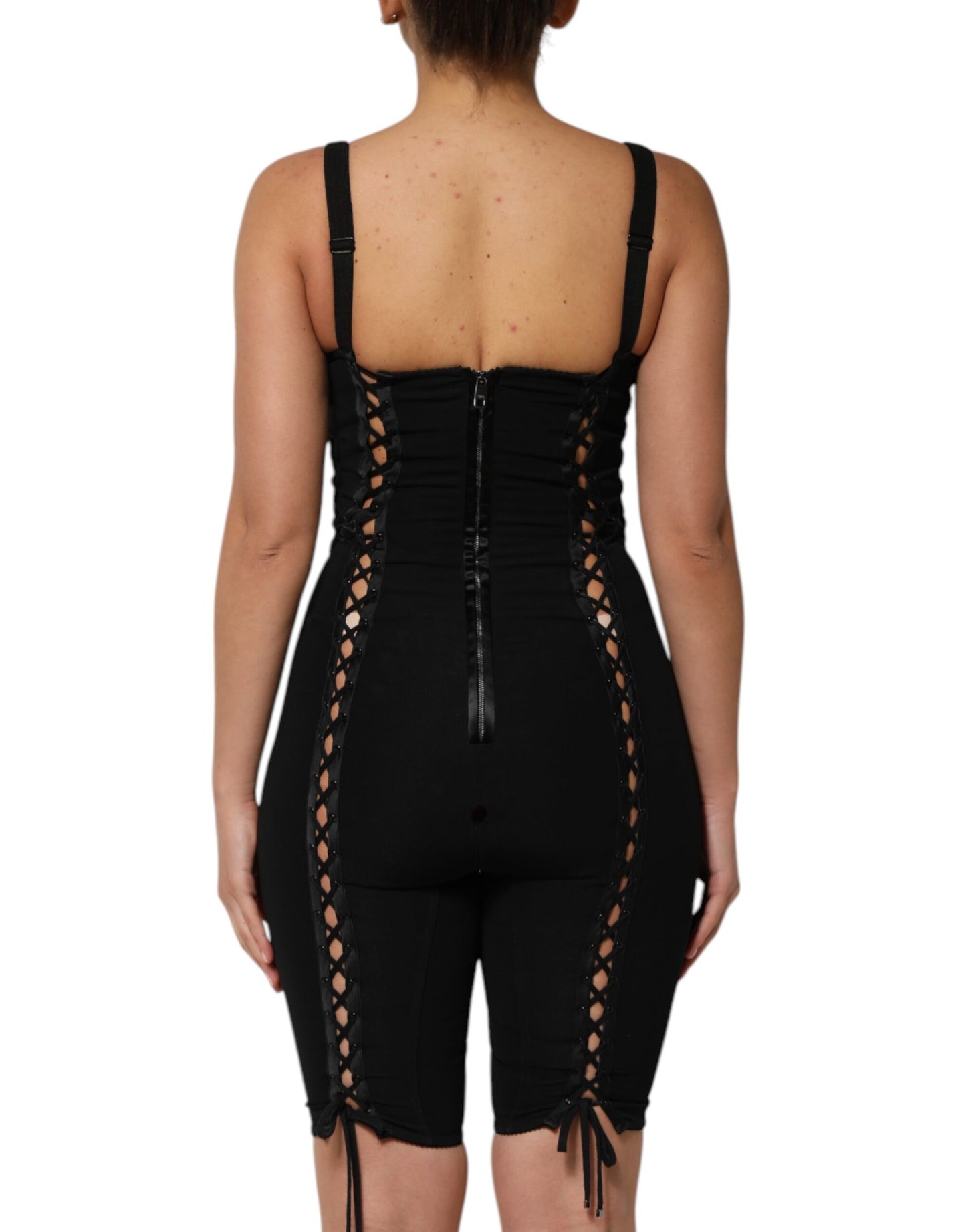 Dolce & Gabbana – Schwarzes, figurbetontes Jumpsuit-Minikleid aus Korsettspitze