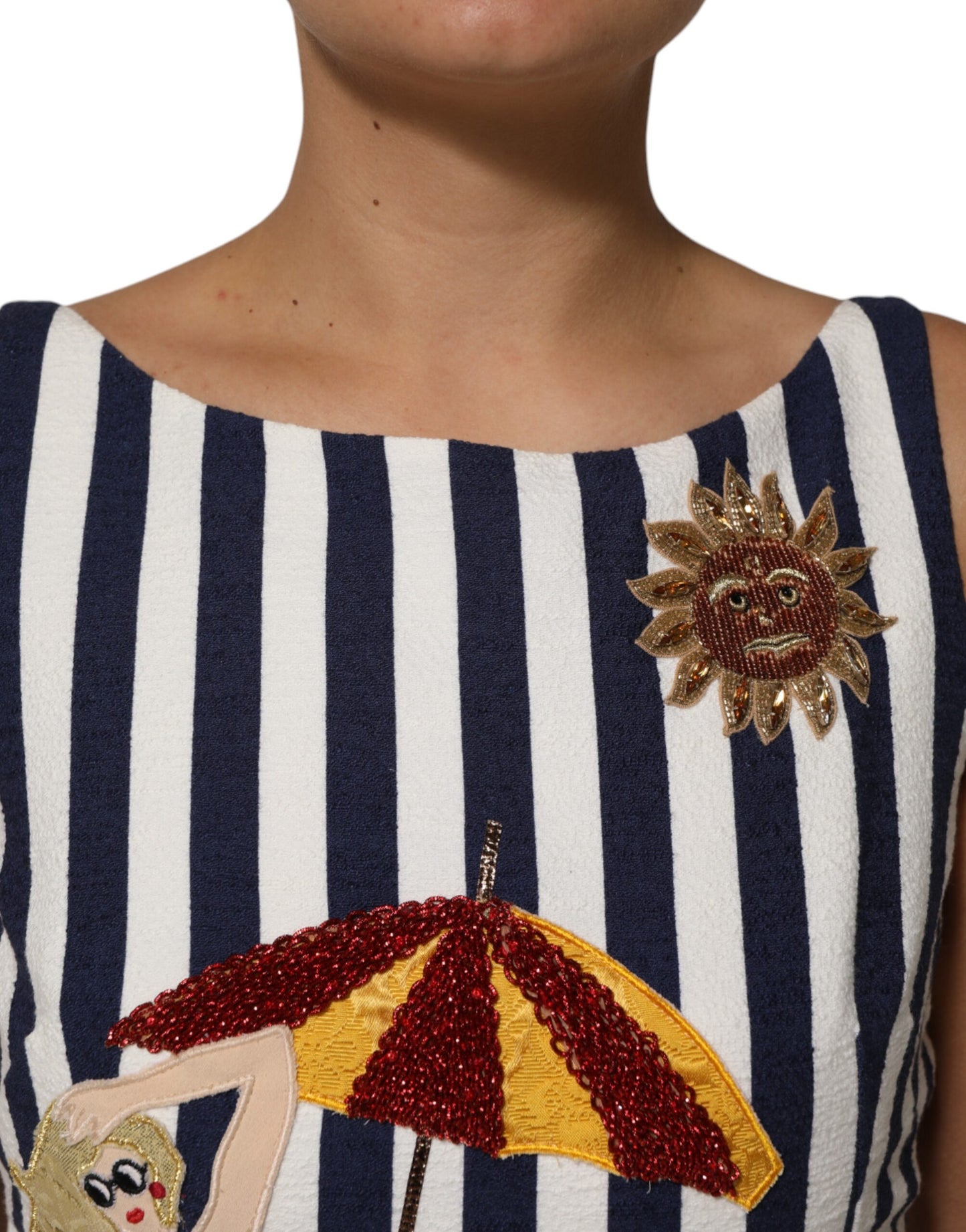 Dolce & Gabbana Blau-weiß gestreiftes, besticktes A-Linien-Kleid