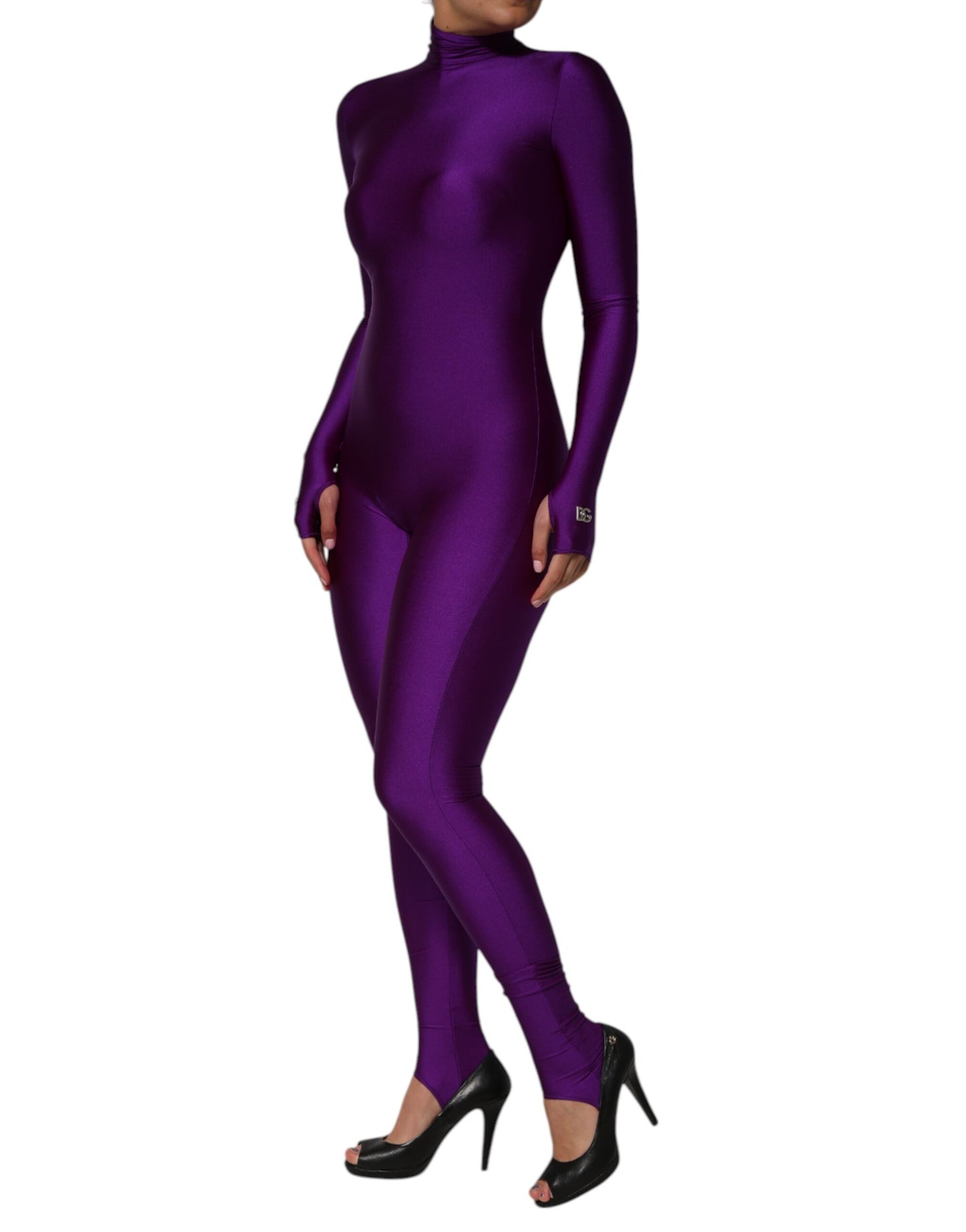 Dolce & Gabbana, Lila, figurbetontes Jumpsuit-Kleid aus Nylon mit Rollkragen
