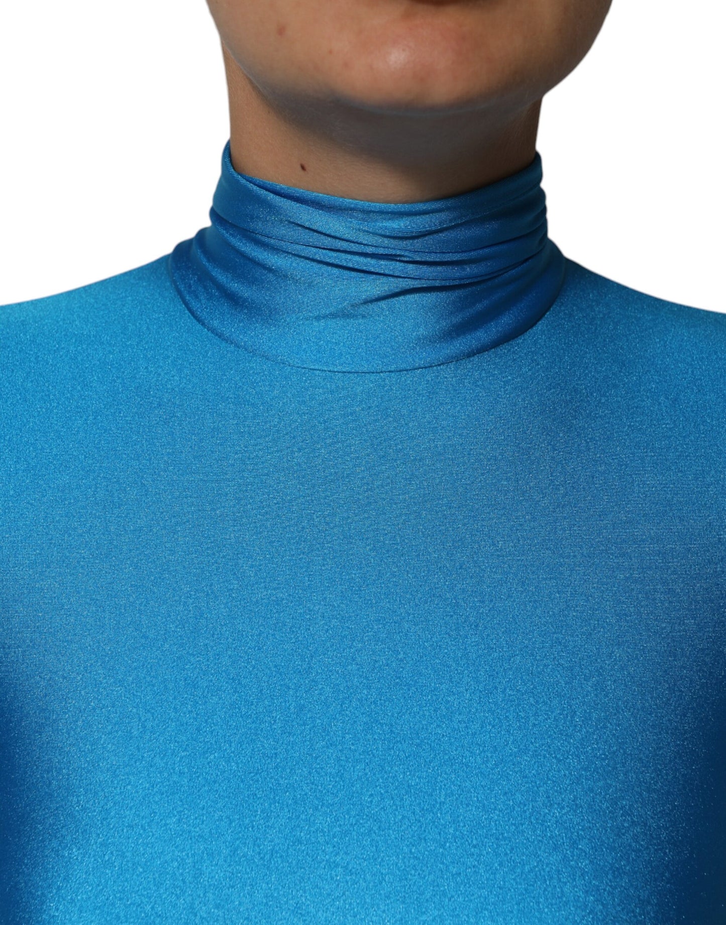 Dolce & Gabbana, blaues, figurbetontes Jumpsuit-Kleid aus Nylon mit Rollkragen