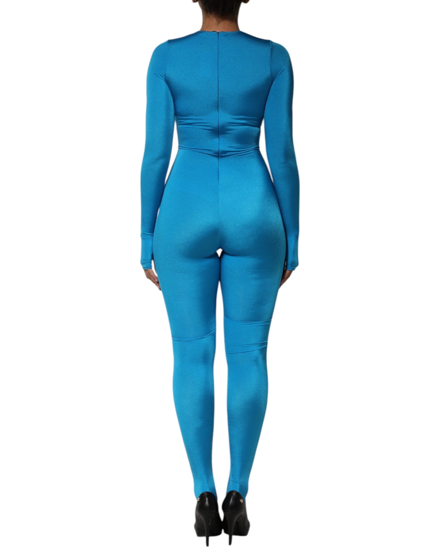 Dolce & Gabbana, blaues, figurbetontes Jumpsuit-Kleid aus Nylon mit Rundhalsausschnitt