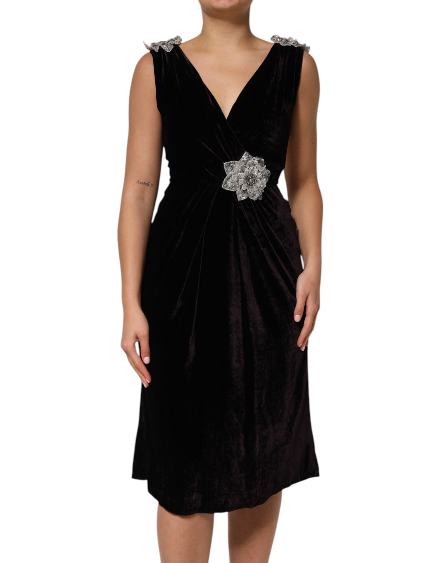 Dolce & Gabbana – A-Linien-Kleid aus schwarzem Samt mit Blumenverzierung