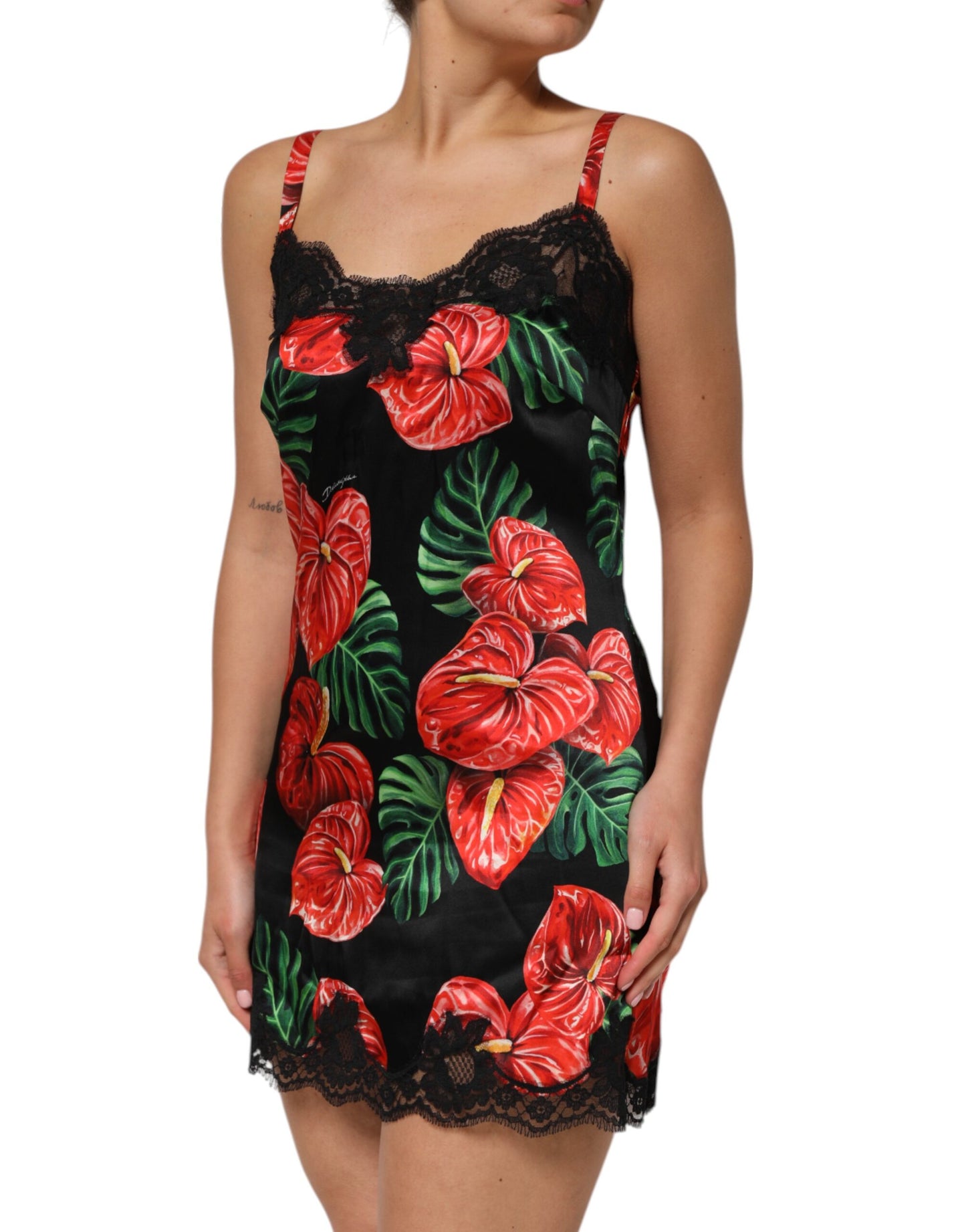Dolce & Gabbana – Schwarzes Dessous-Unterkleid mit floralem Spitzenbesatz