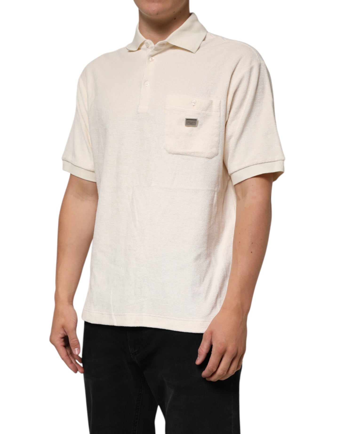 Dolce & Gabbana – Elfenbeinfarbenes Poloshirt aus Baumwollfrottee mit Logotasche