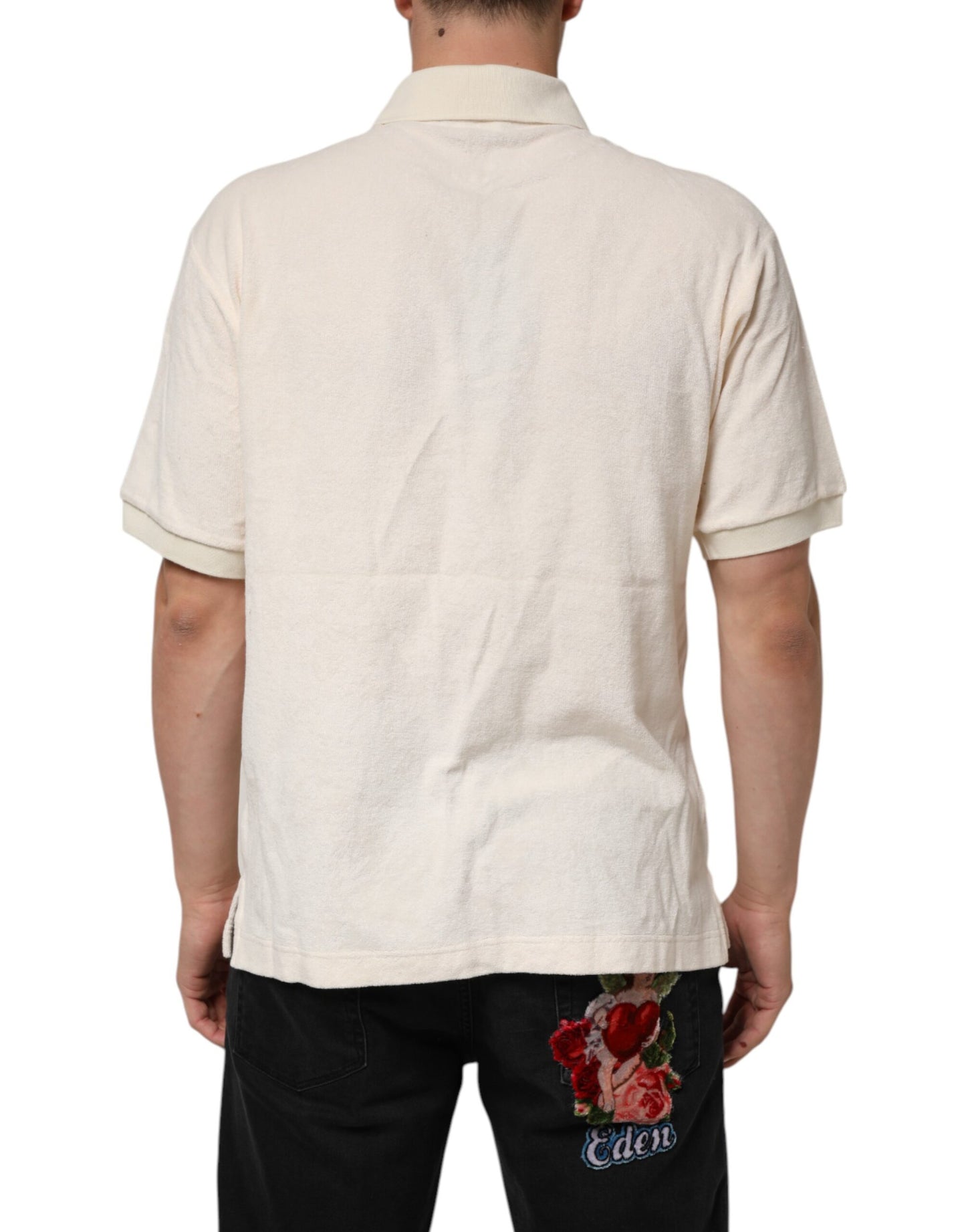 Dolce & Gabbana – Elfenbeinfarbenes Poloshirt aus Baumwollfrottee mit Logotasche