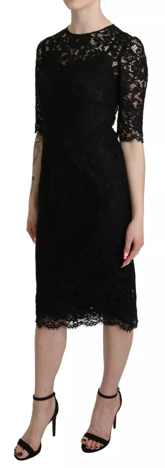 Dolce & Gabbana – Schwarzes Etuikleid mit Blumenspitze und Knielänge